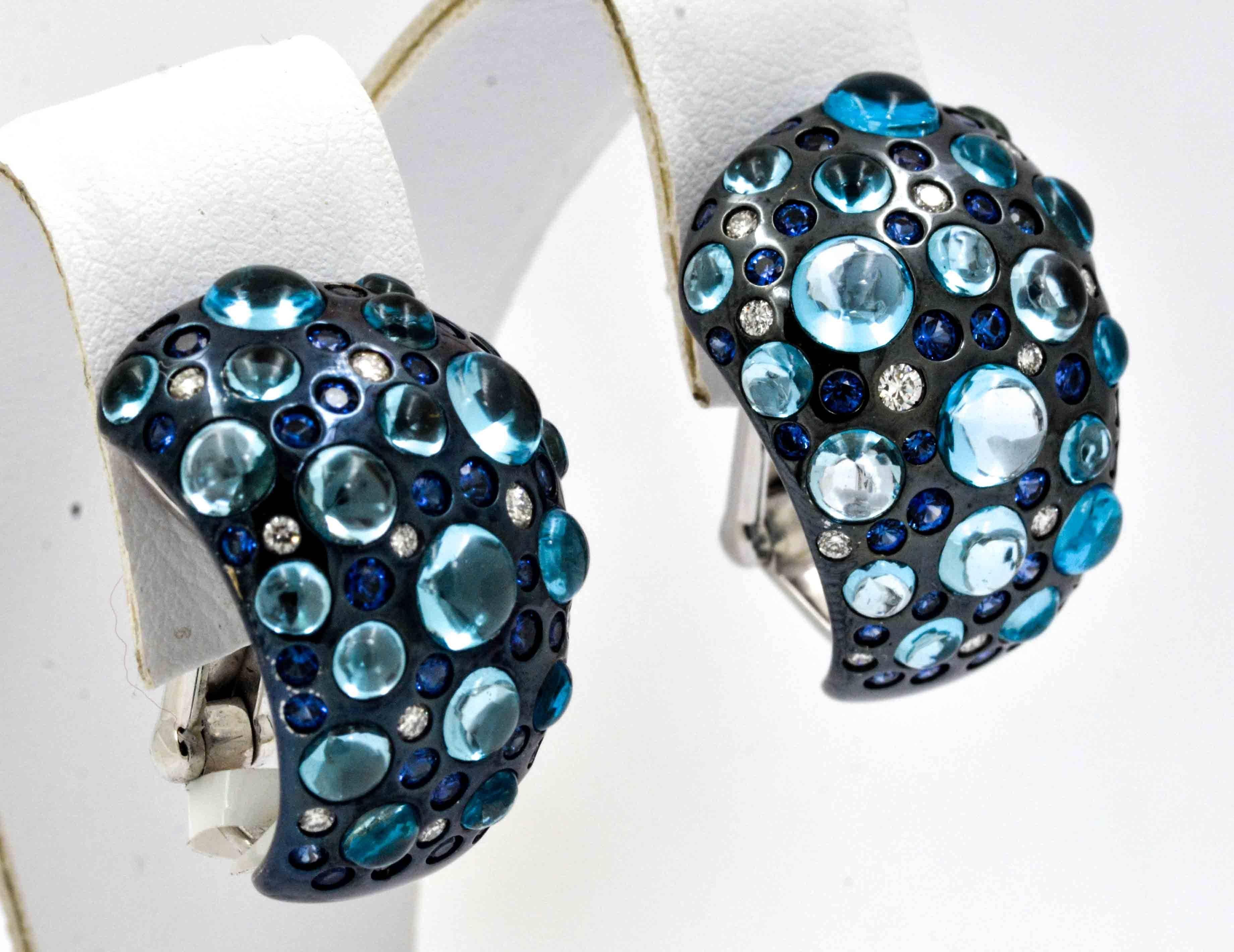 Rodney Rayner Blue Topaz, Sapphire, Diamond 18 KW Gold Earrings In New Condition In Dallas, TX