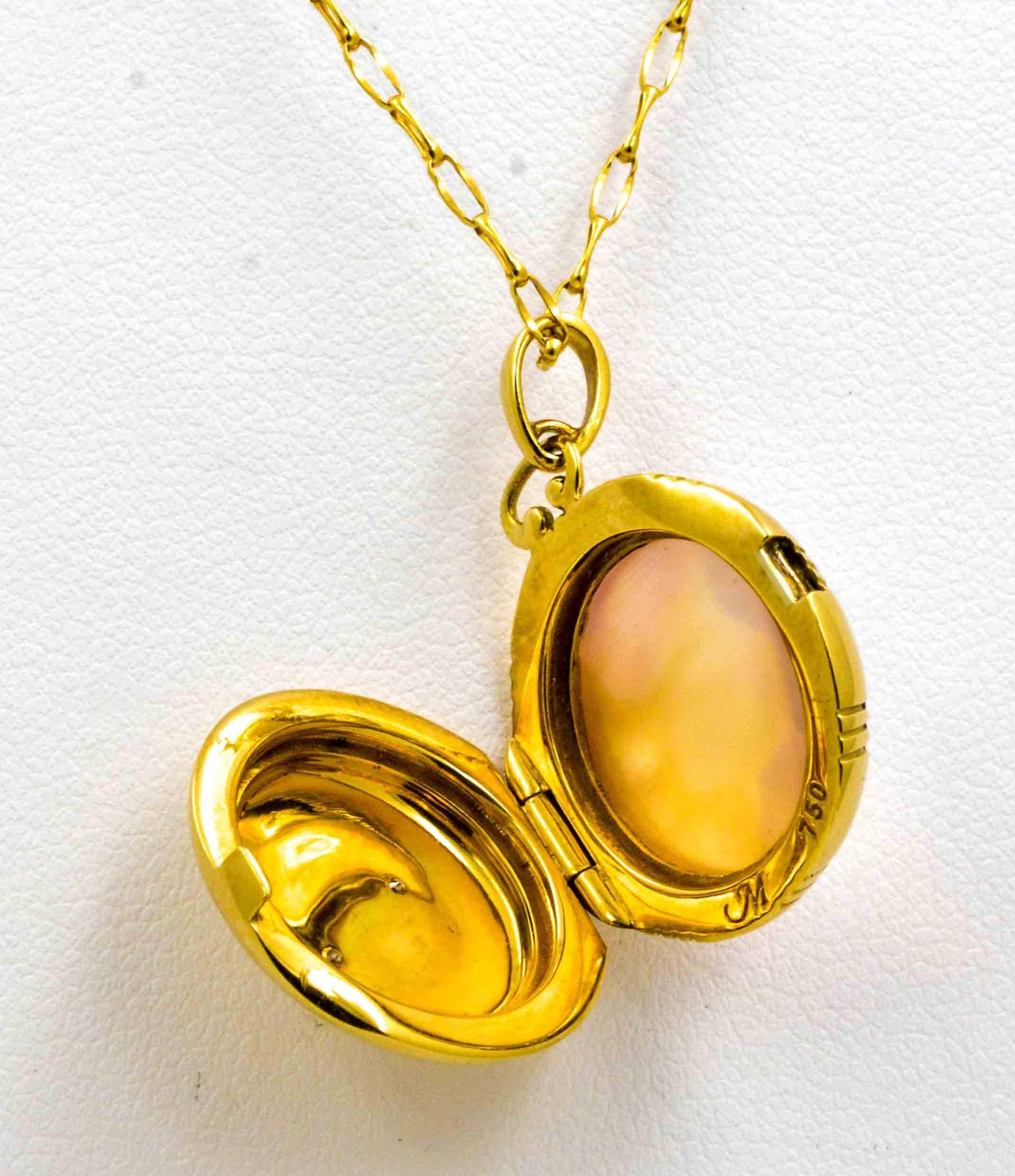 Women's or Men's Monica Kosann Rock Crystal Mother-of-Pearl 18 KT Yellow Gold Locket