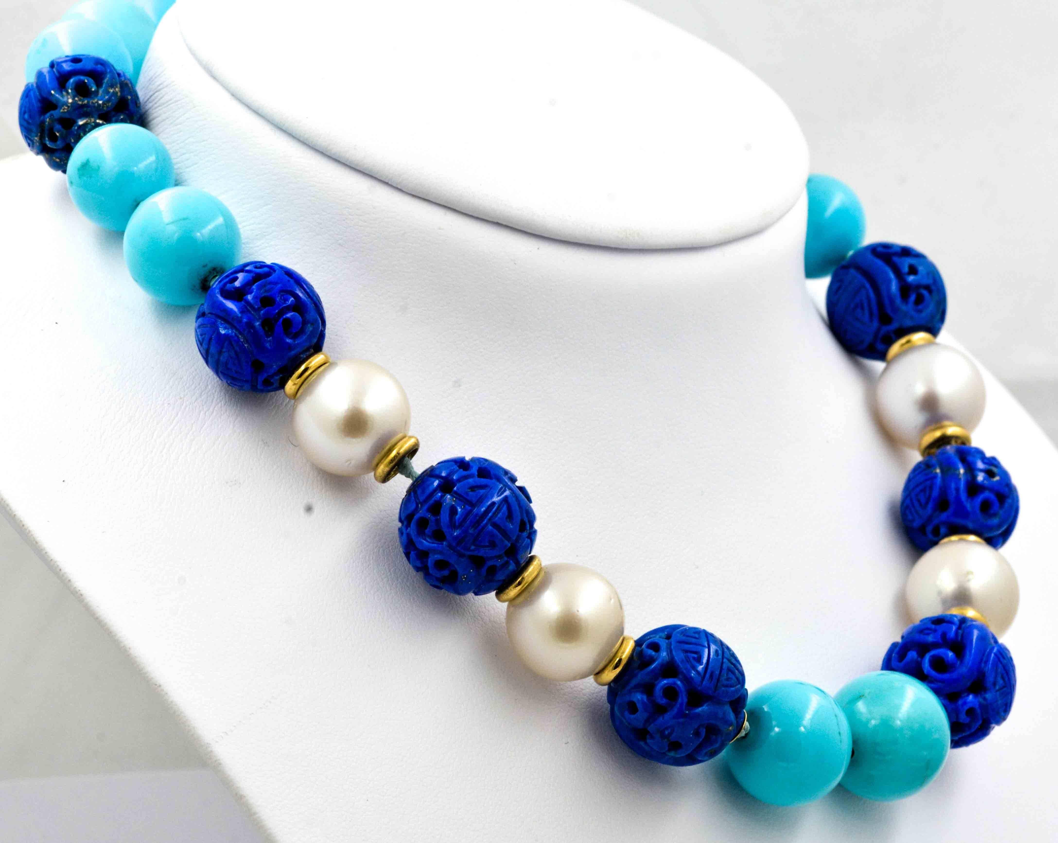 Modern Seaman Schepps Antique Hand Carved Lapis Turquoise Cultured Pearl Necklace