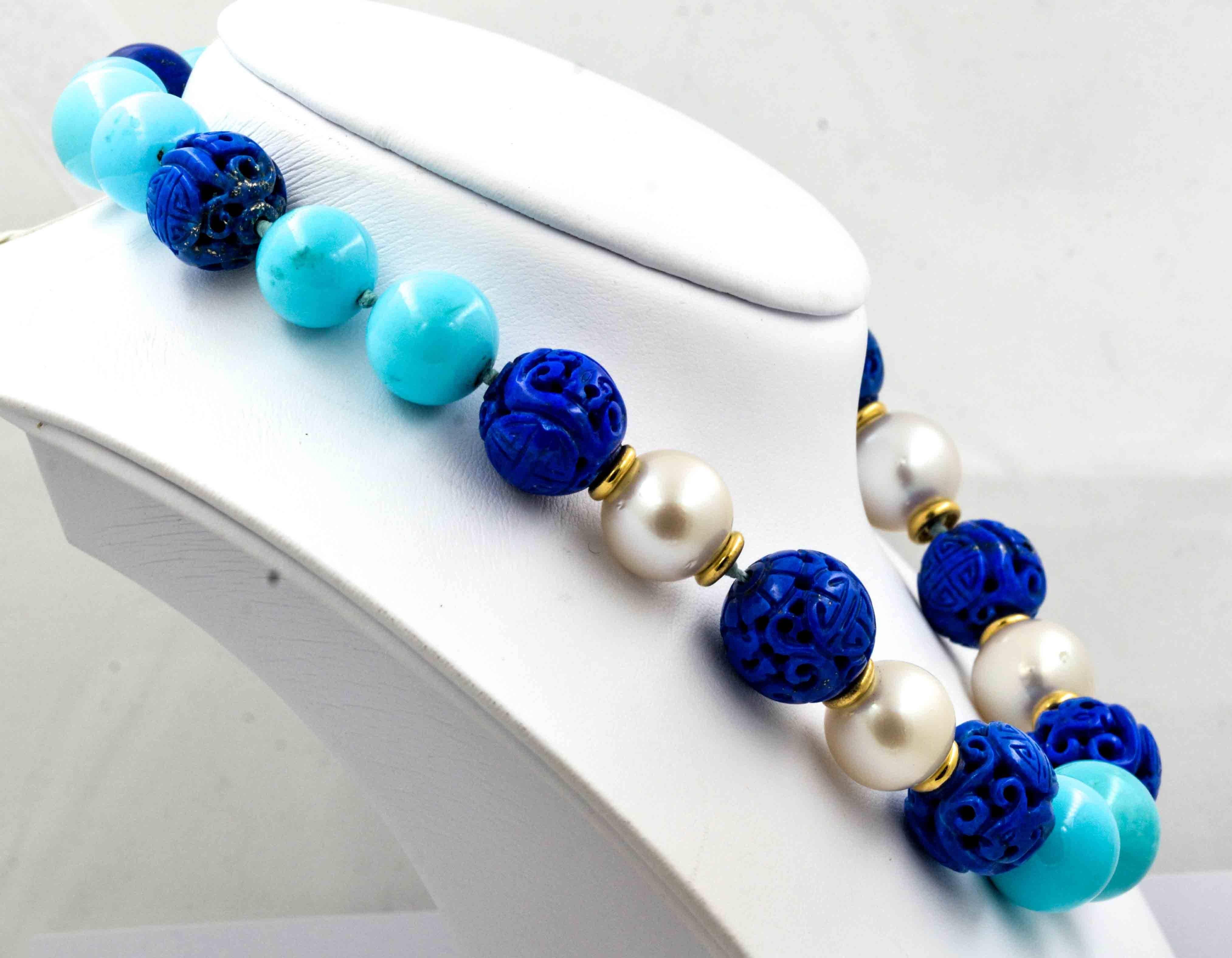 Seaman Schepps Antique Hand Carved Lapis Turquoise Cultured Pearl Necklace In New Condition In Dallas, TX