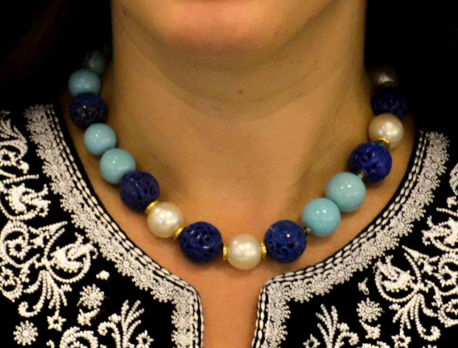 Women's Seaman Schepps Antique Hand Carved Lapis Turquoise Cultured Pearl Necklace