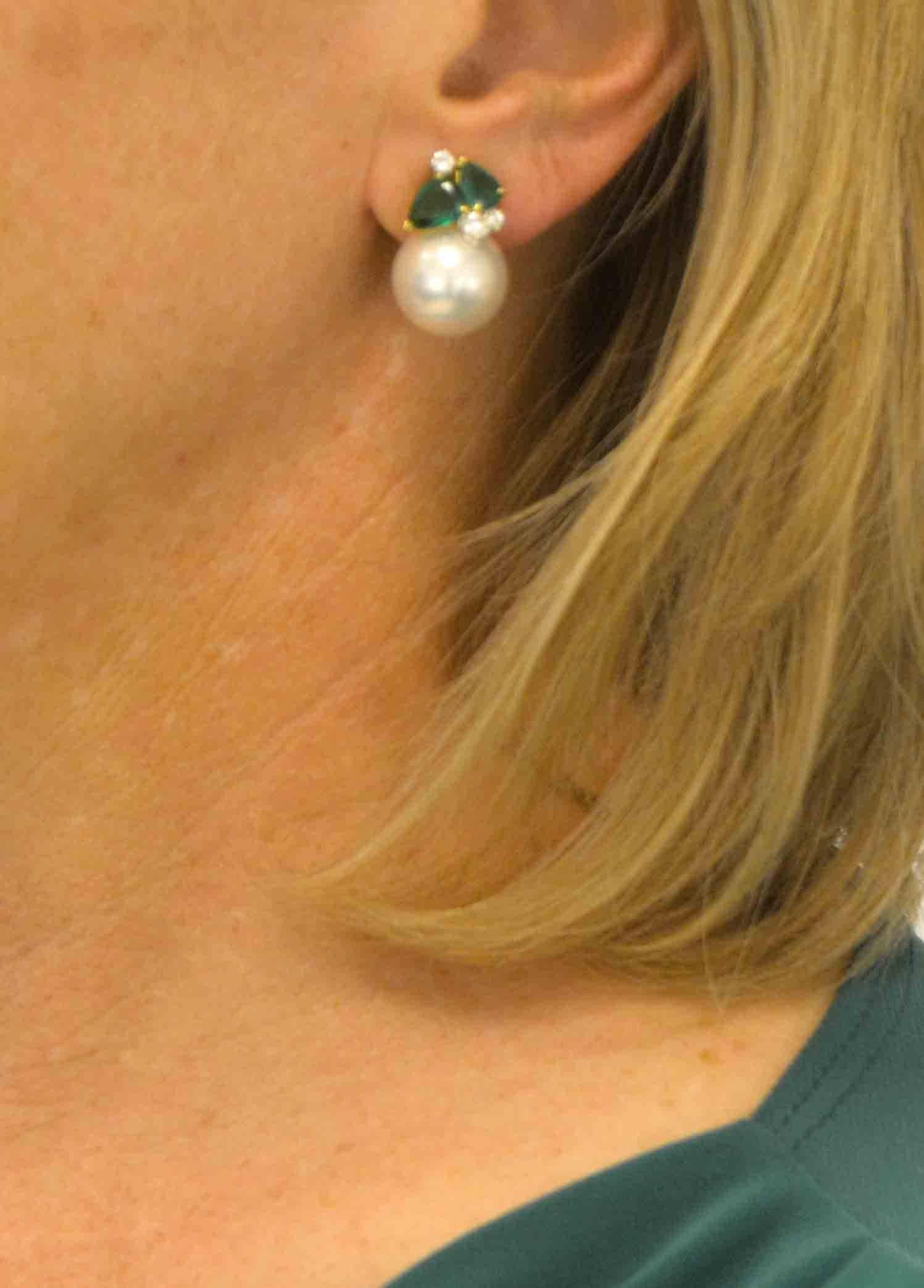 Modern Seaman Schepps South Sea Cultured Pearl Emerald Diamond Earrings