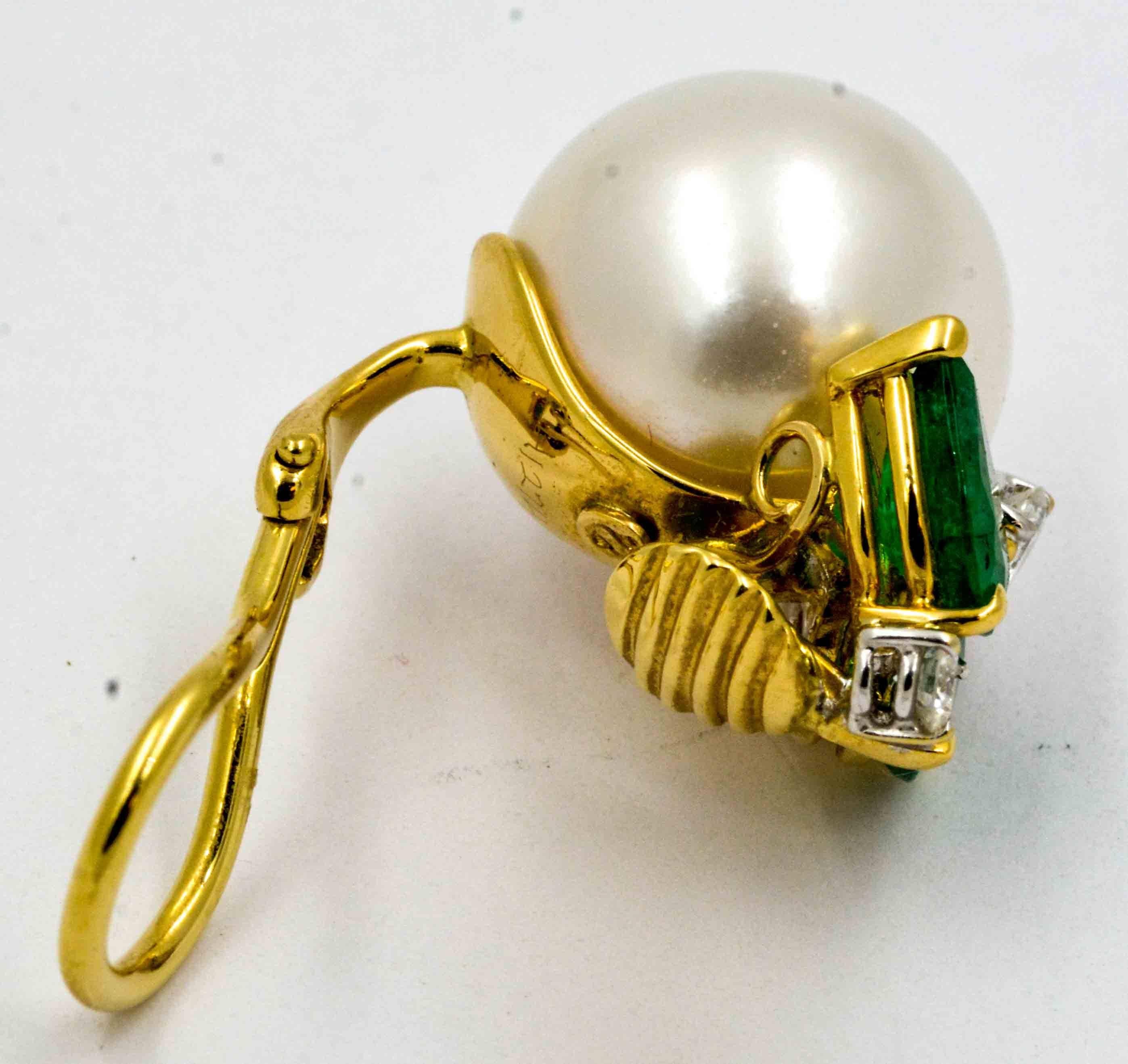Seaman Schepps South Sea Cultured Pearl Emerald Diamond Earrings In New Condition In Dallas, TX