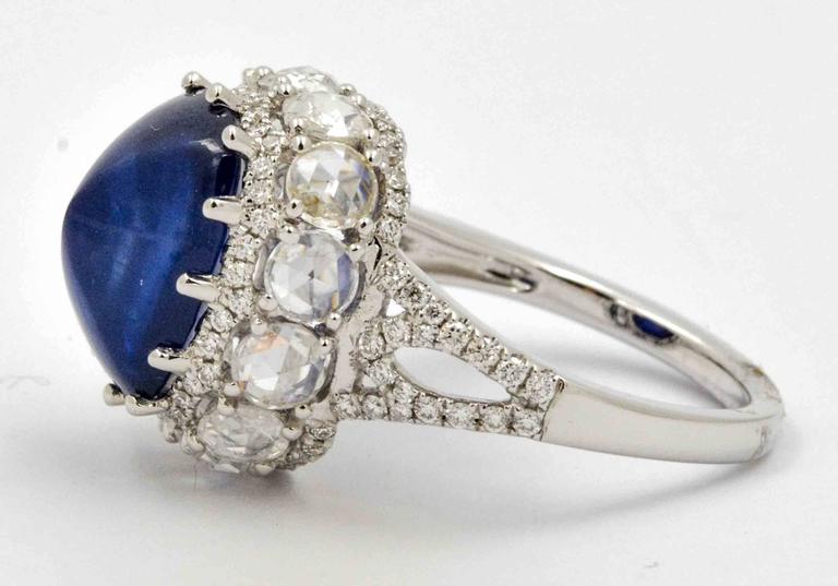 6.44 Carat Cushion Sugar Loaf Cut Blue Sapphire Diamond Ring For Sale