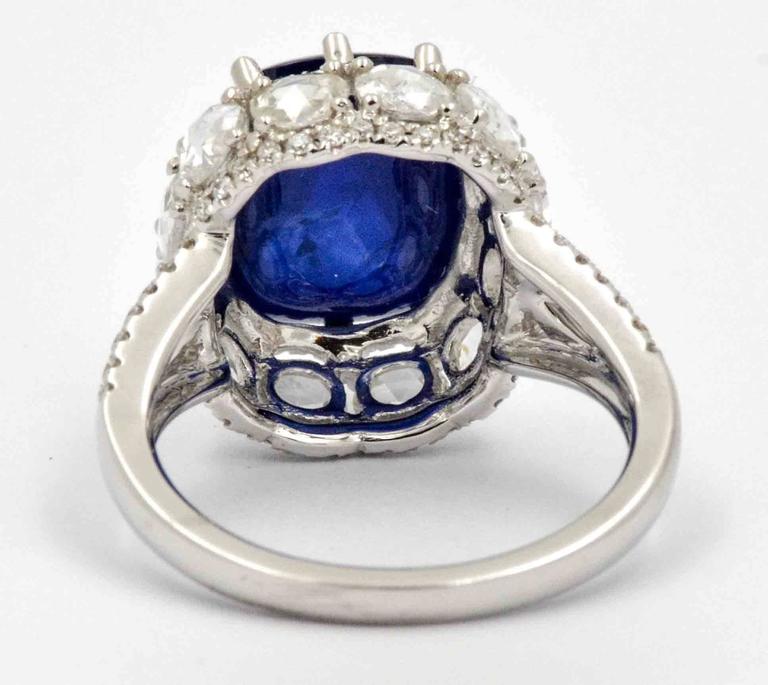 6.44 Carat Cushion Sugar Loaf Cut Blue Sapphire Diamond Ring For Sale