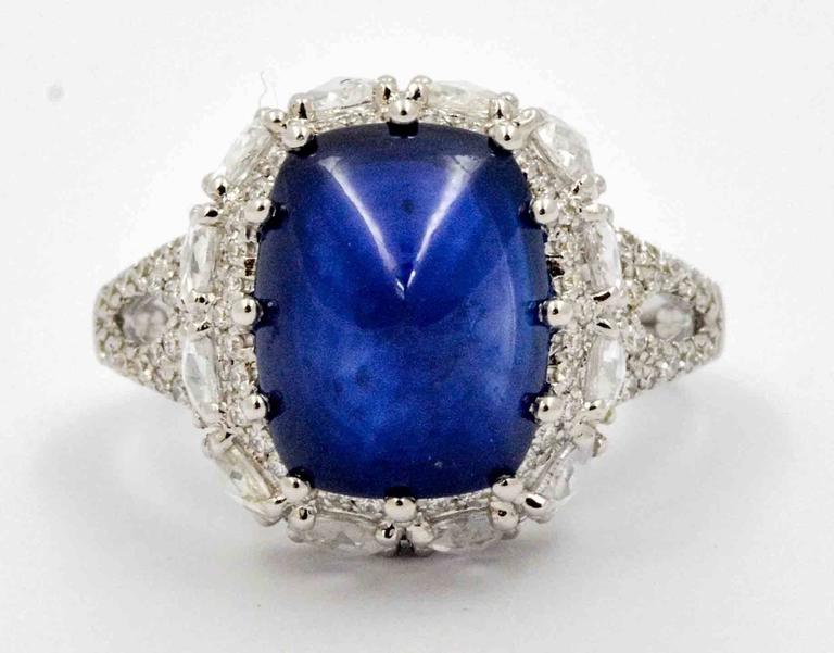 6.44 Carat Cushion Sugar Loaf Cut Blue Sapphire Diamond Ring For Sale