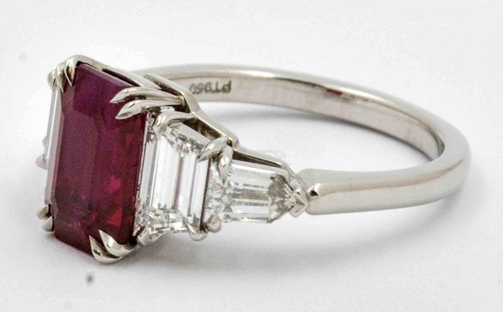 Modern 3.01 Emerald Cut Burmese Ruby Diamond Platinum Engagement Ring