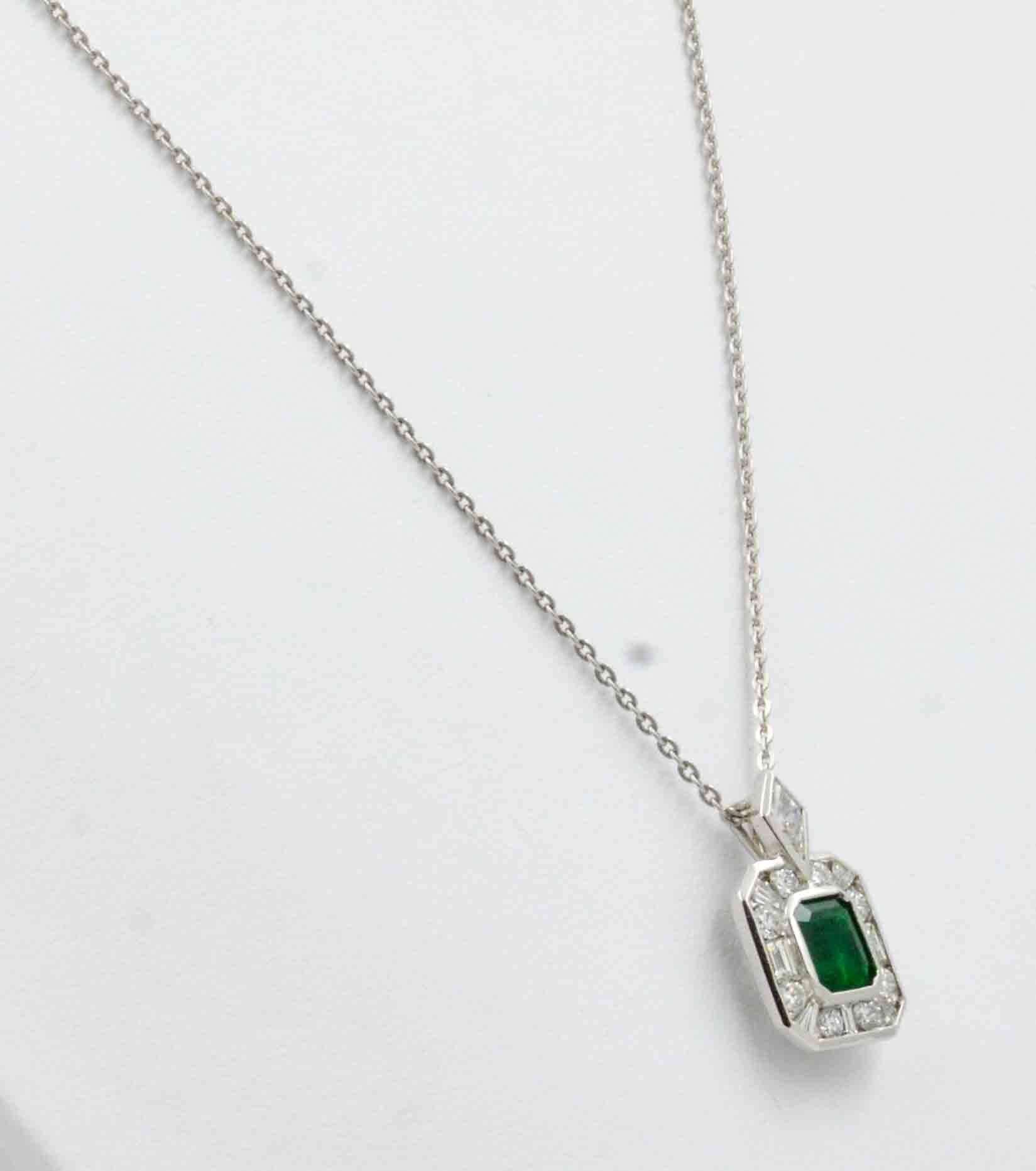 Modern Emerald Diamond Platinum Pendant