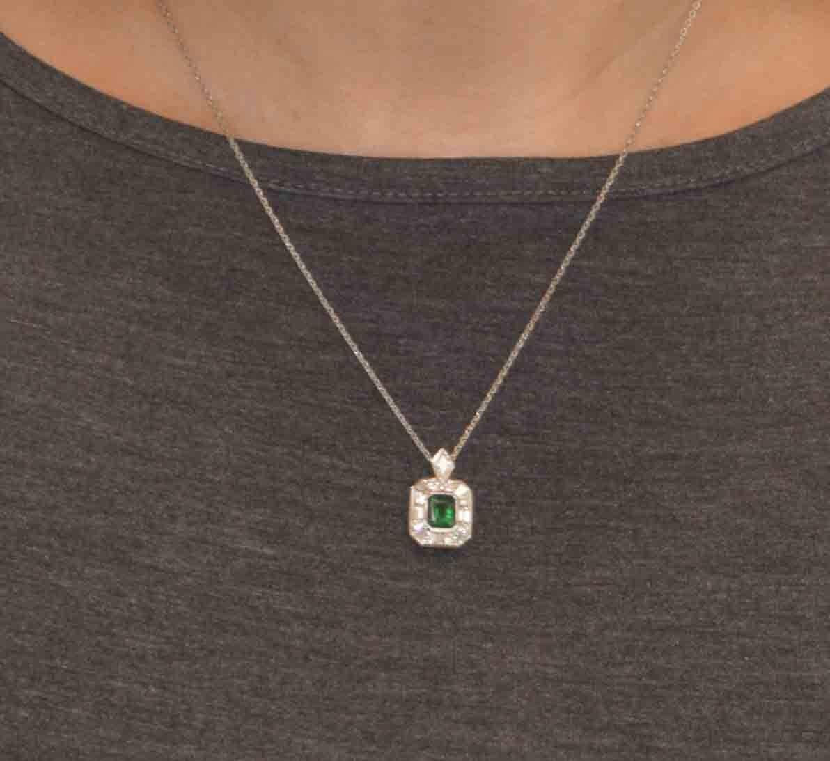 Emerald Diamond Platinum Pendant In Excellent Condition In Dallas, TX