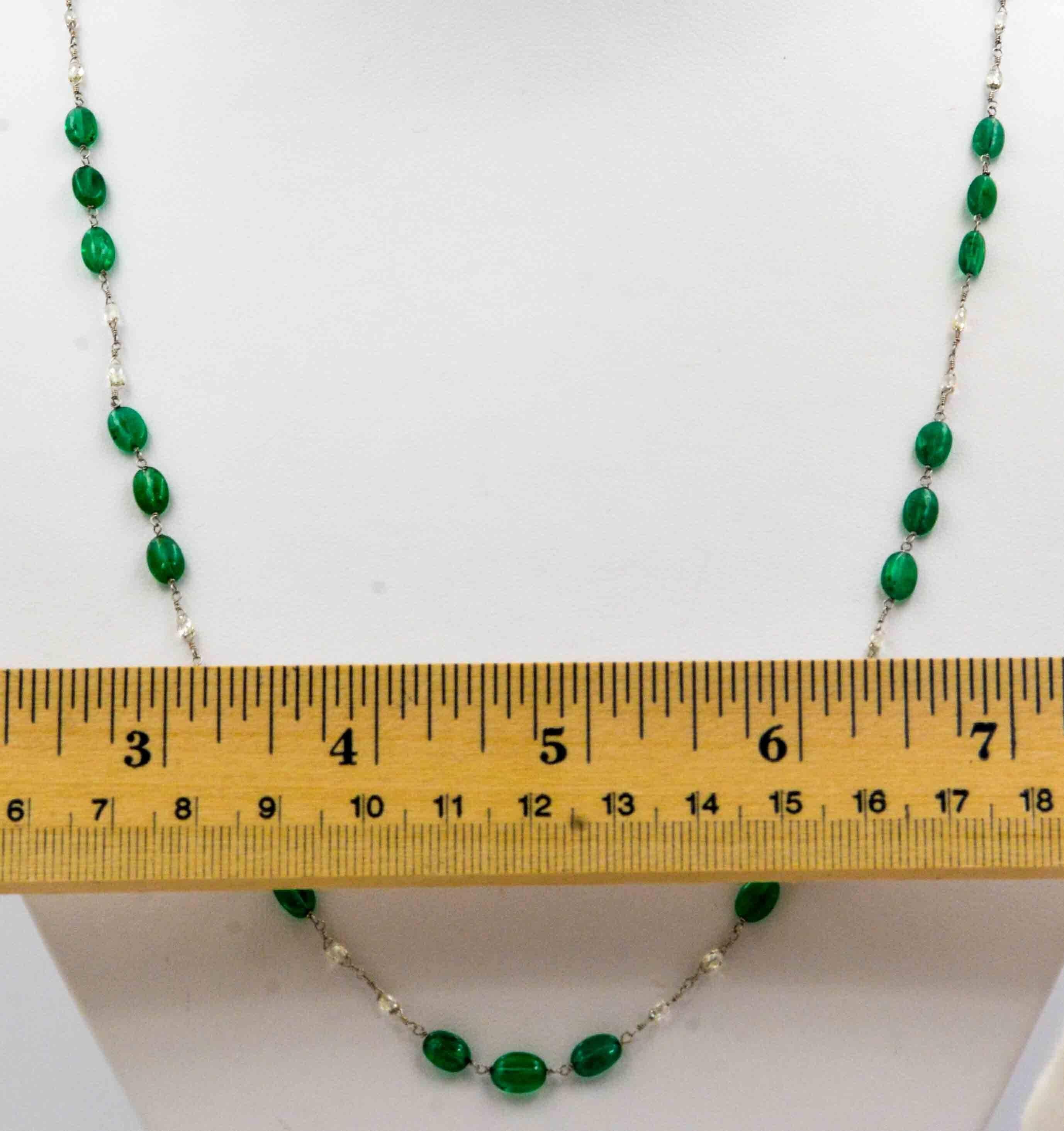 Modern Platinum Nazam Emerald Bead and Briolette Diamond Necklace