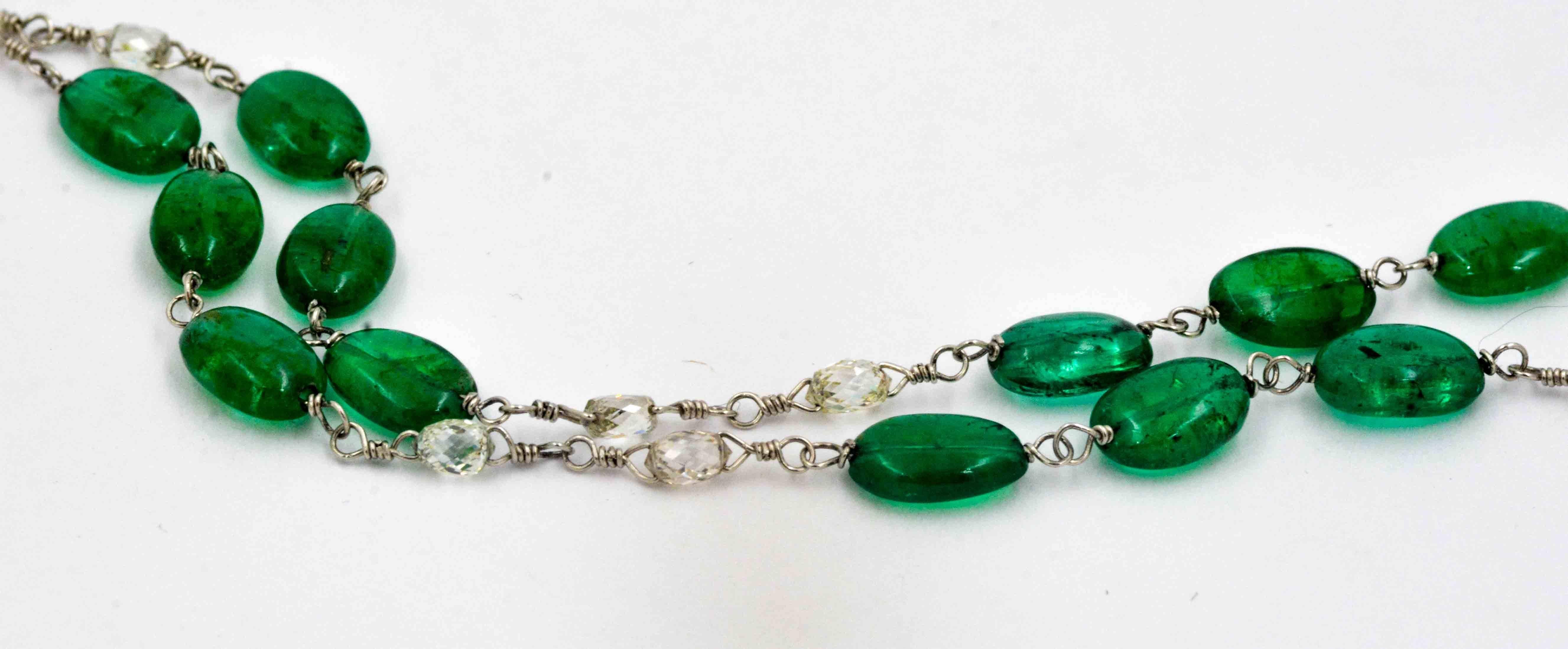Women's Platinum Nazam Emerald Bead and Briolette Diamond Necklace