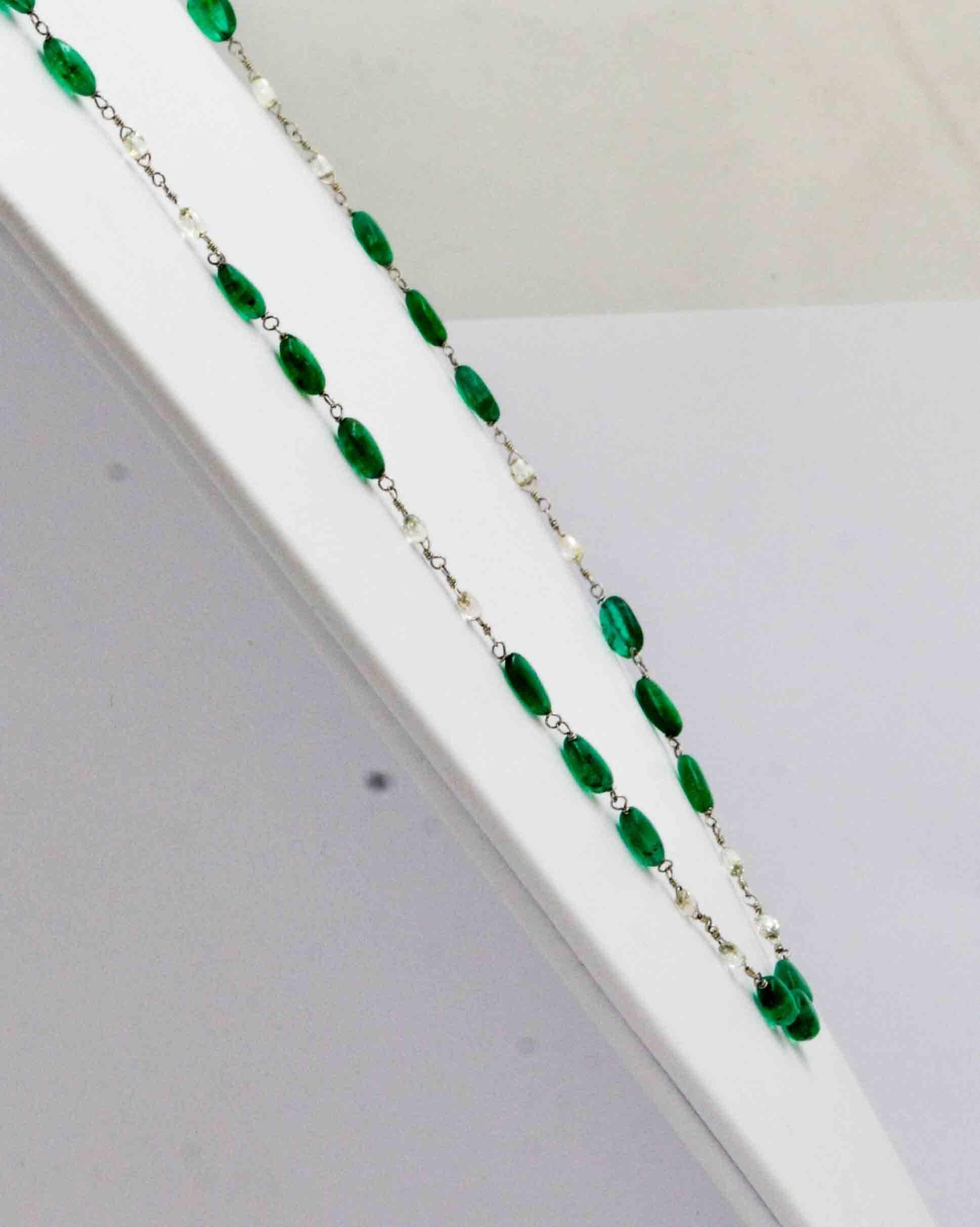 Platinum Nazam Emerald Bead and Briolette Diamond Necklace 1