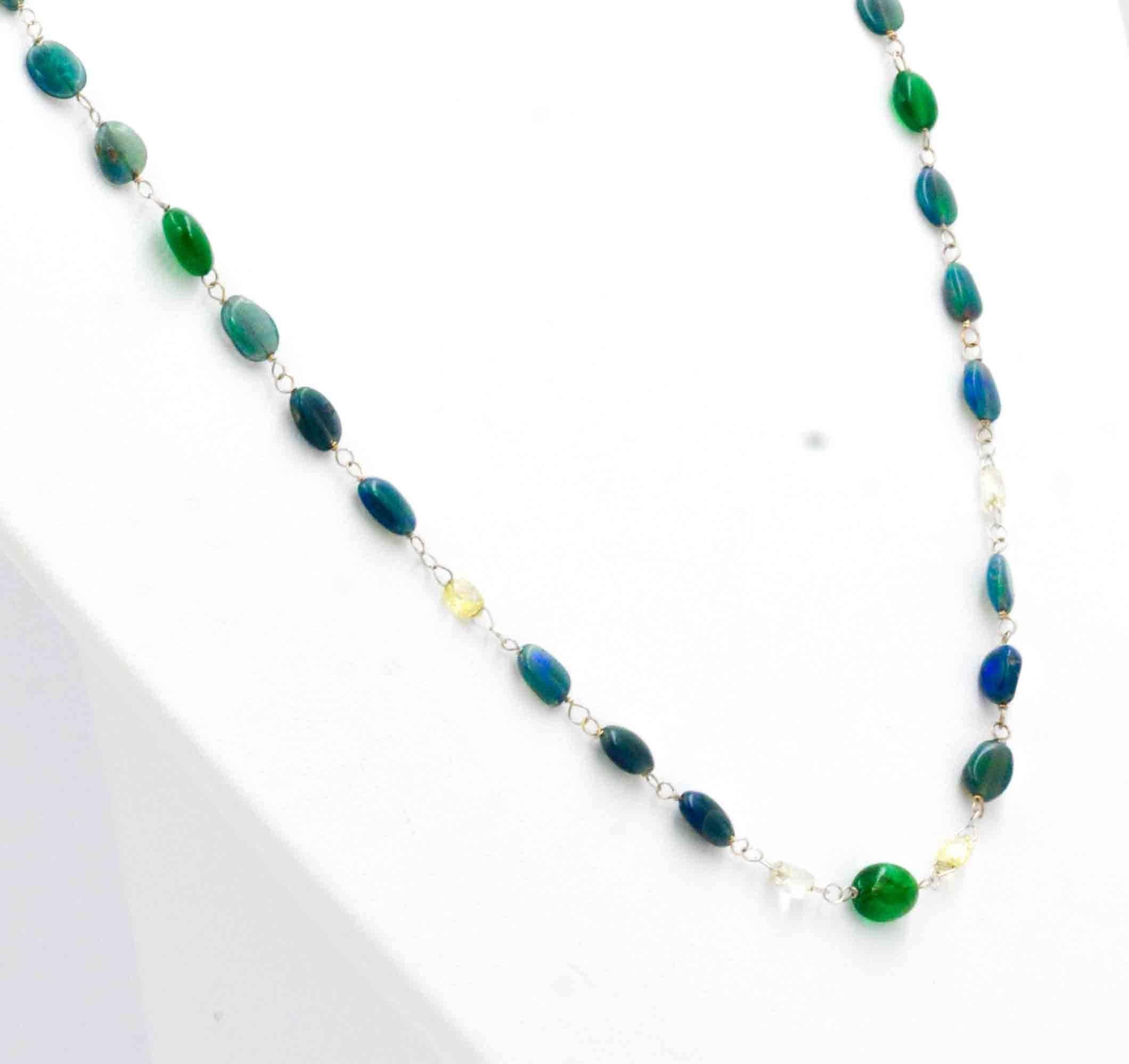 Modern Opal Emerald and Diamond Briolette Necklace