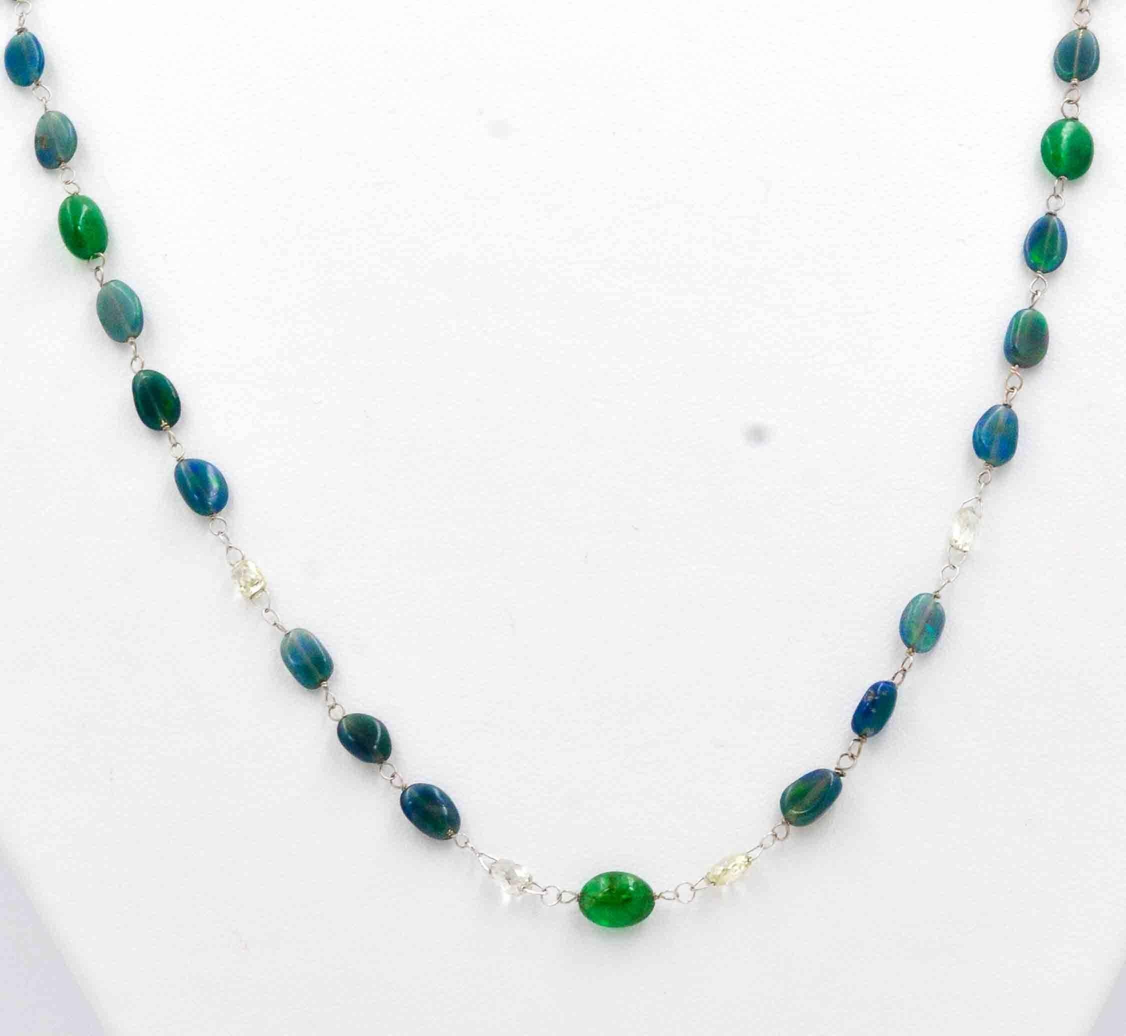 Women's Opal Emerald and Diamond Briolette Necklace