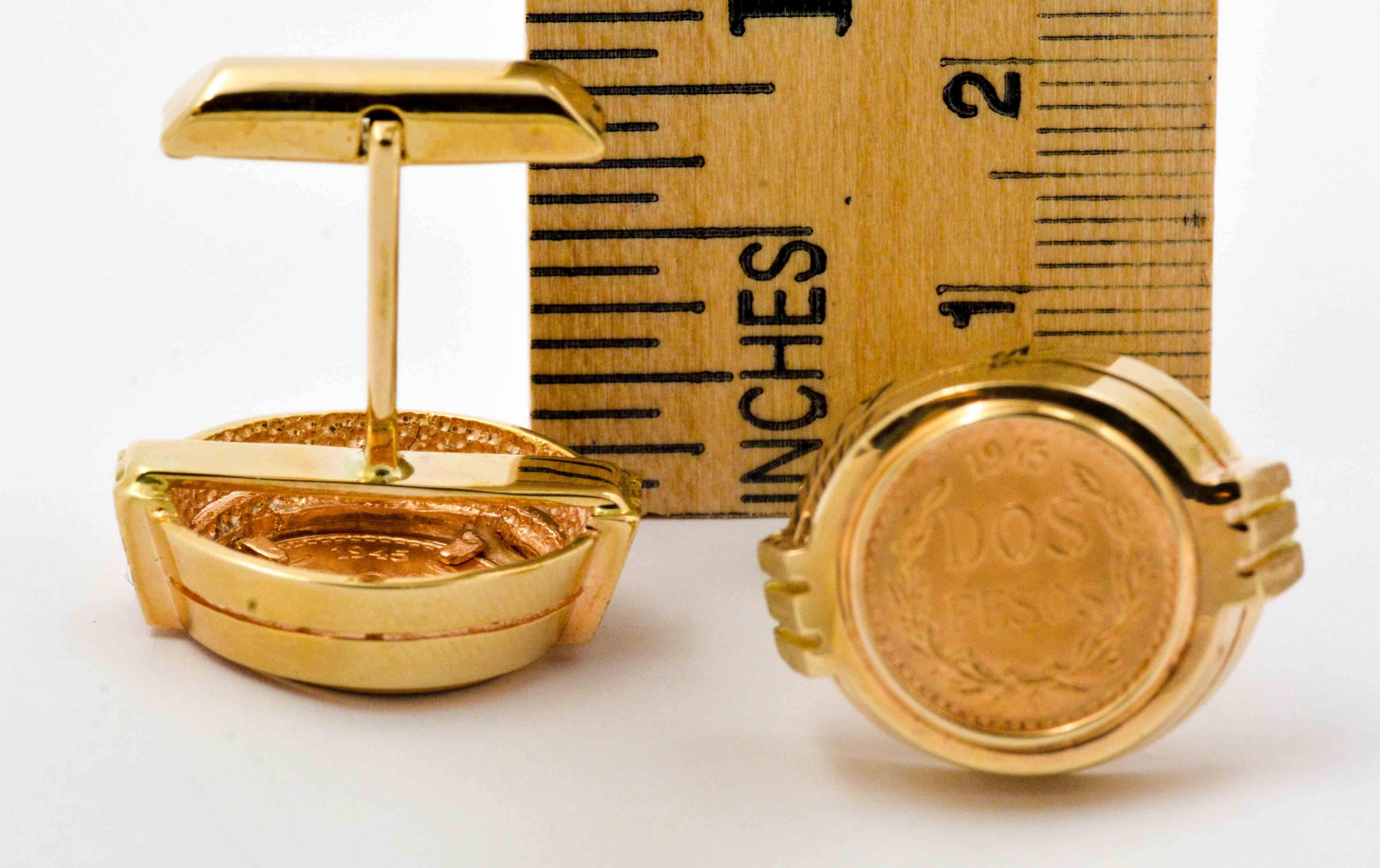 Dos Pesos gents cuff links crafted in 14kt yellow gold bezels and backs are sure to set you apart.  These cuff links are oriented with one Dos Pesos set heads up and the other Dos Pesos set tails up. The cuff links measure 17.16X21.35X7.59 MM with a