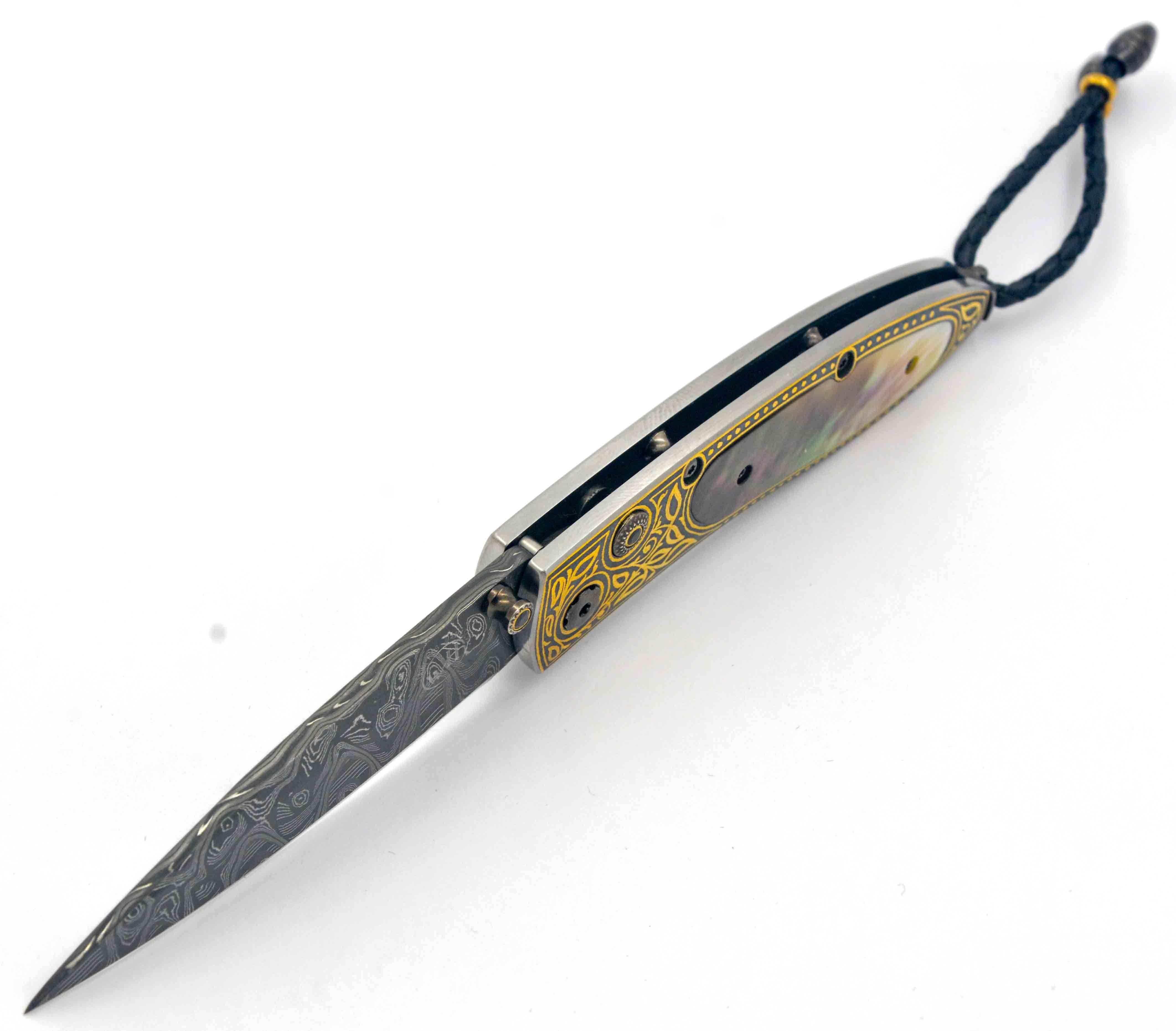 Modern William Henry Damascus Steel 24 Karat Gold and Mother-of-Pearl Dress Knife