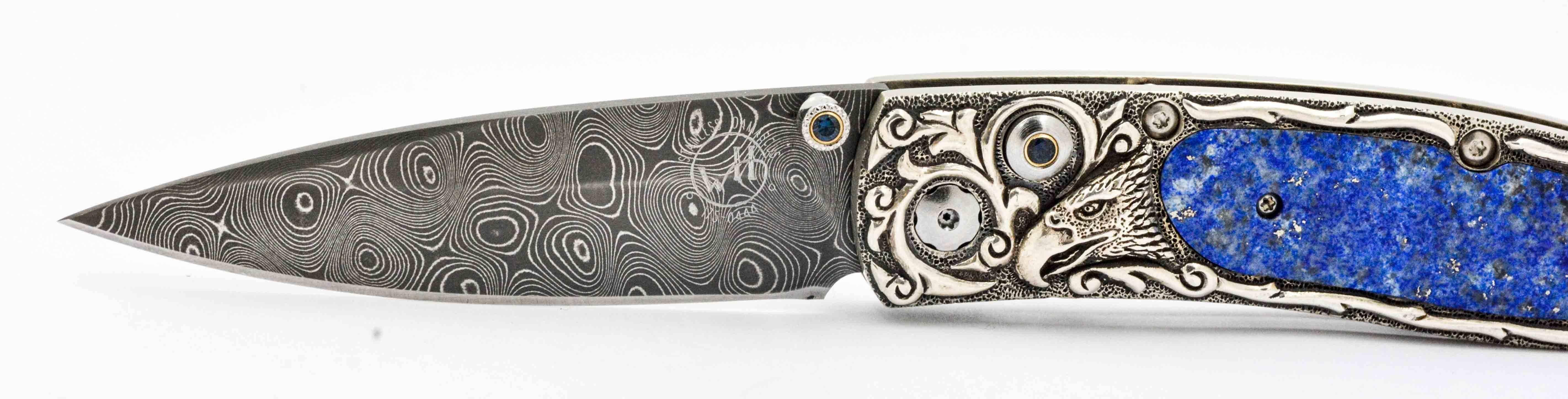William Henry Damascus Steel Folding Knife with Carve Bolster and Lapis Handle In New Condition In Dallas, TX