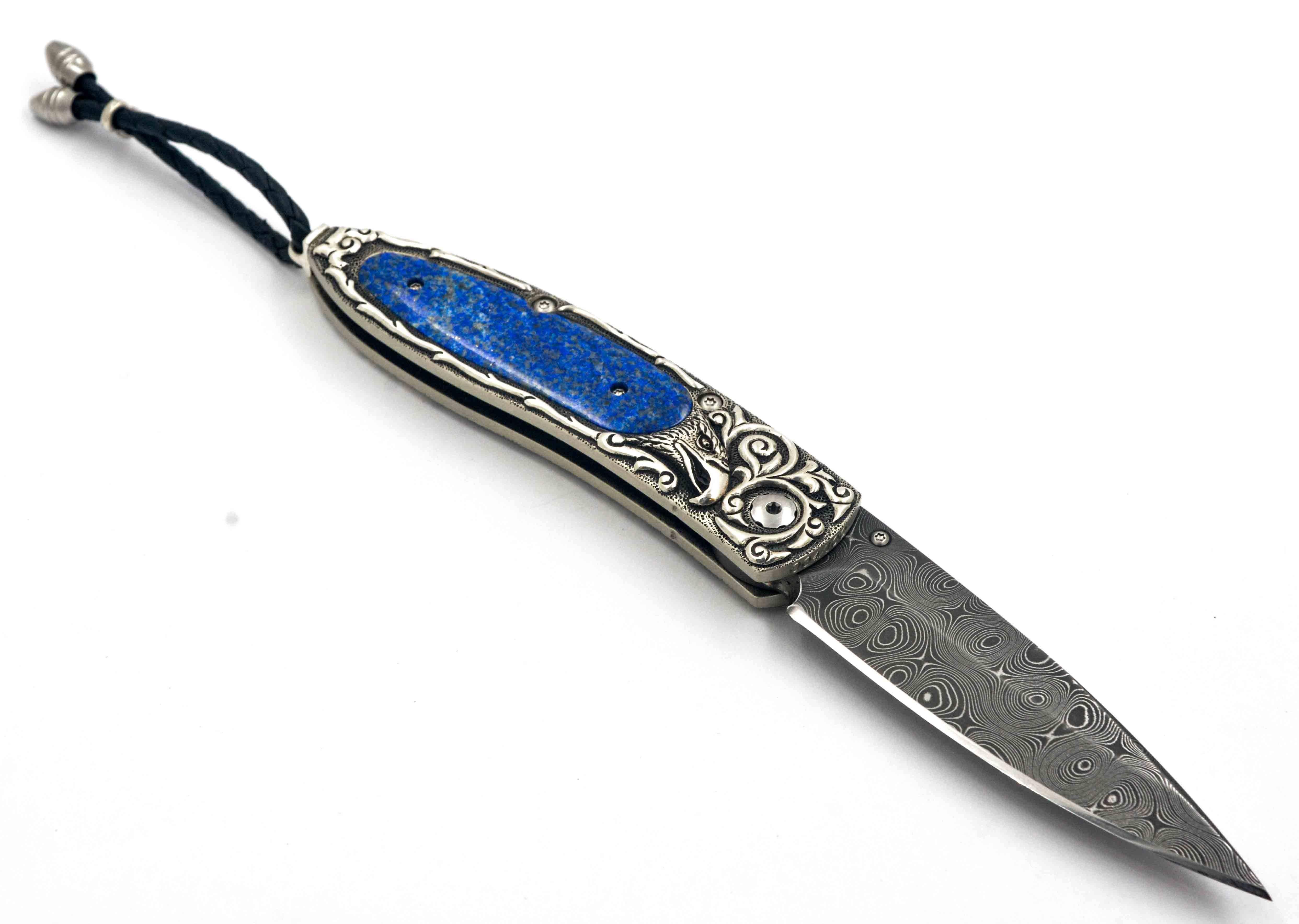 William Henry Damascus Steel Folding Knife with Carve Bolster and Lapis Handle 1