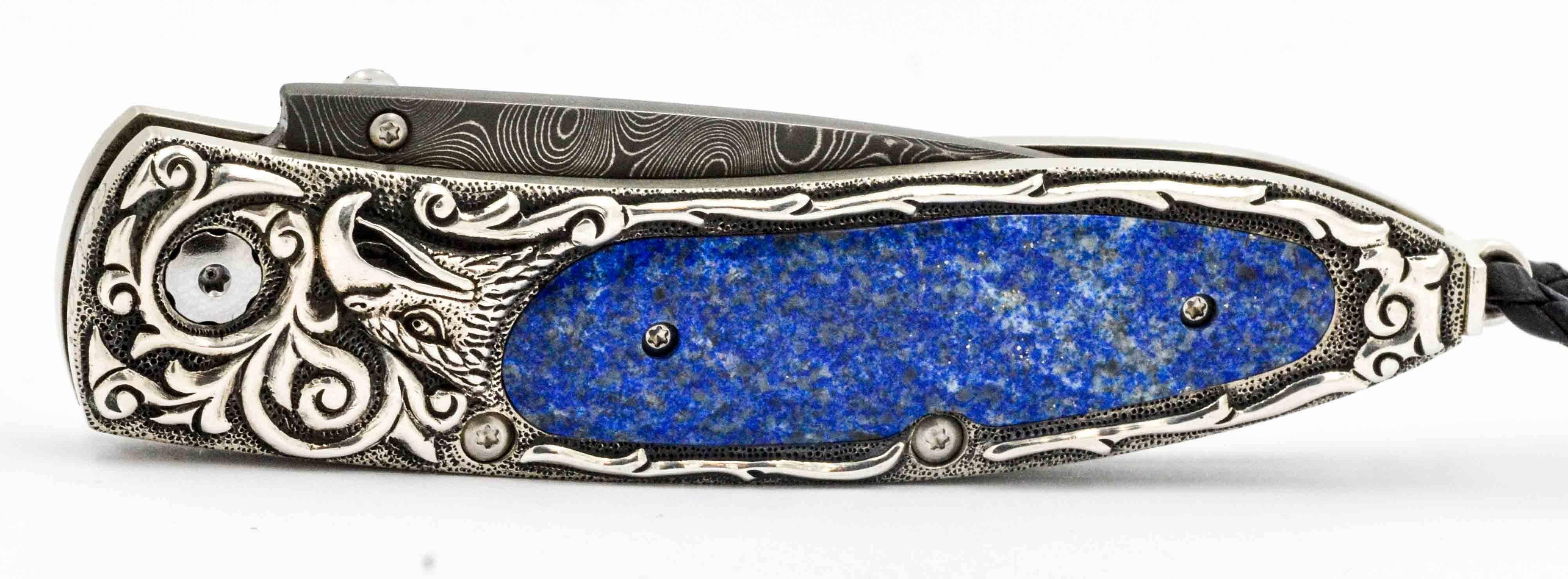 William Henry Damascus Steel Folding Knife with Carve Bolster and Lapis Handle 2