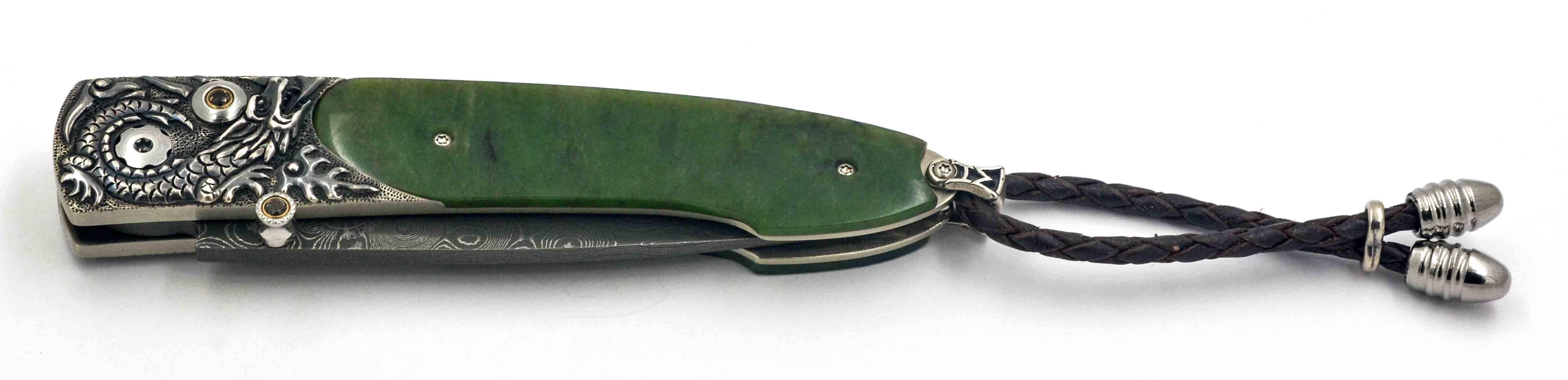 William Henry Damascus Steel Knife with Jade Handle and Smaug Carved Bolster In New Condition In Dallas, TX