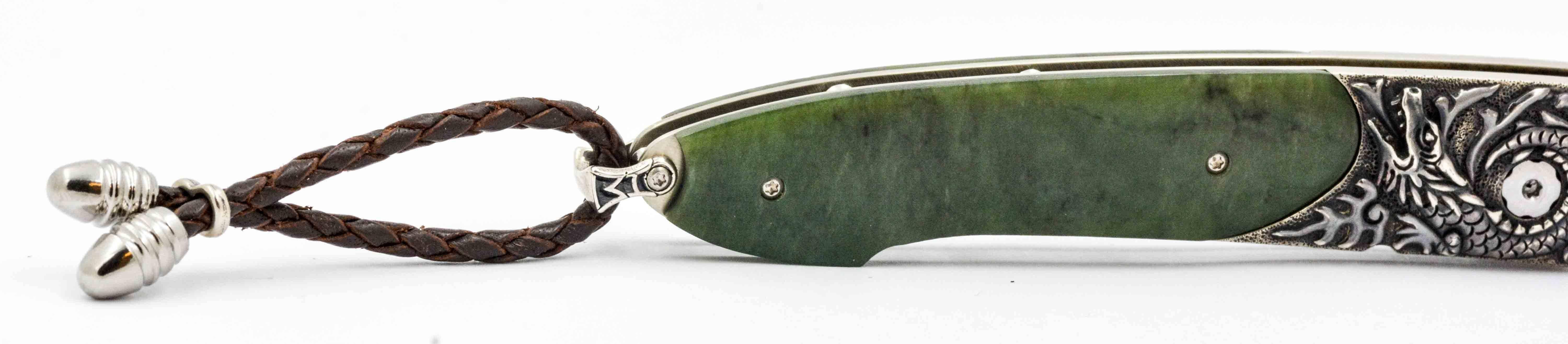 Men's William Henry Damascus Steel Knife with Jade Handle and Smaug Carved Bolster