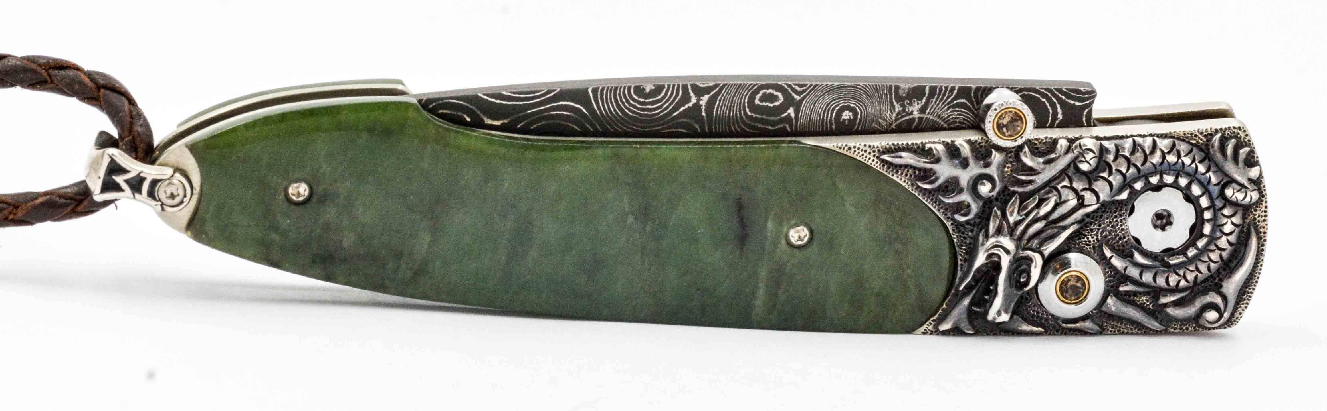 William Henry Damascus Steel Knife with Jade Handle and Smaug Carved Bolster 2