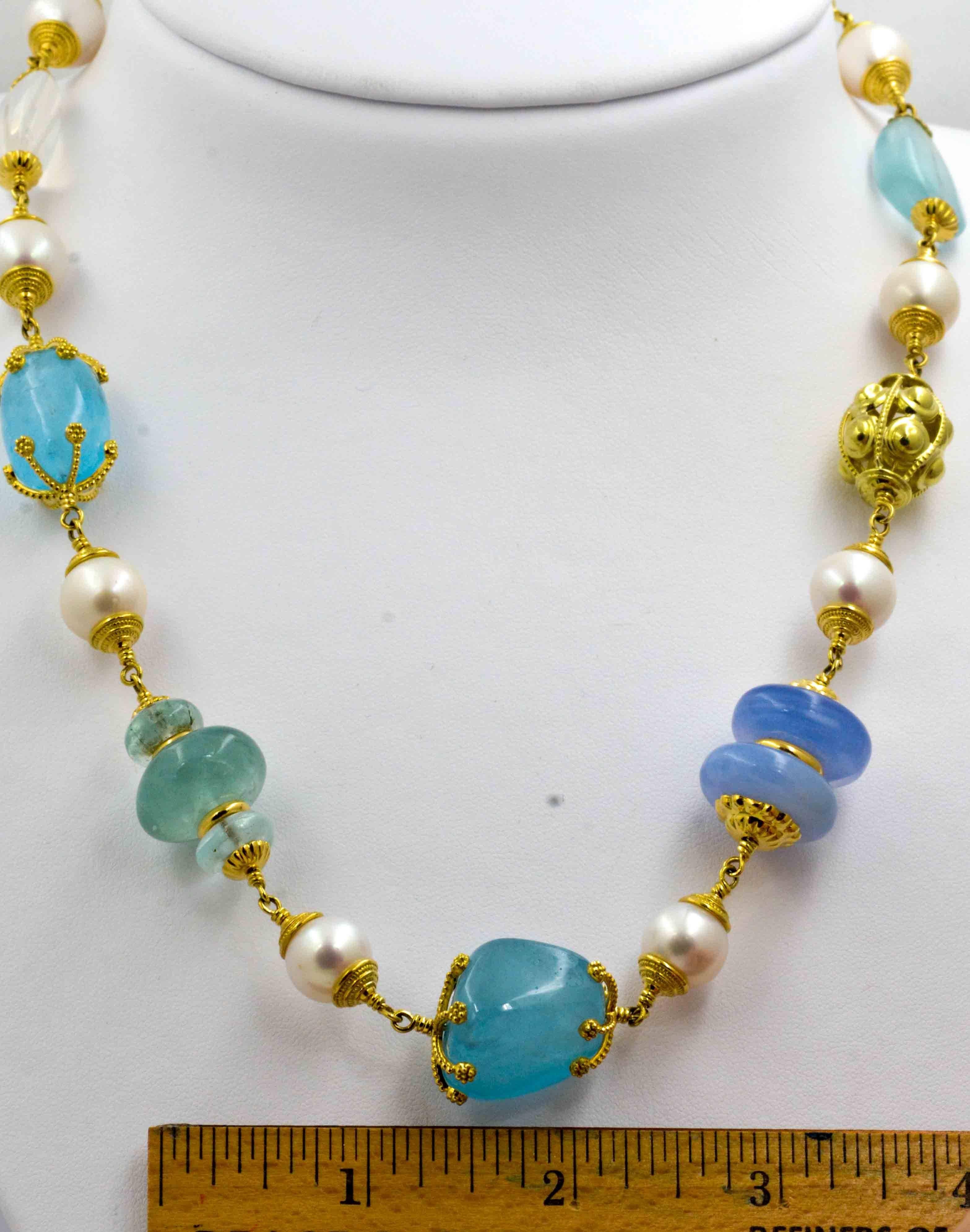 Modern Seaman Schepps Aquamarine Chalcedony Blue Topaz Moon Stone Gold Necklace