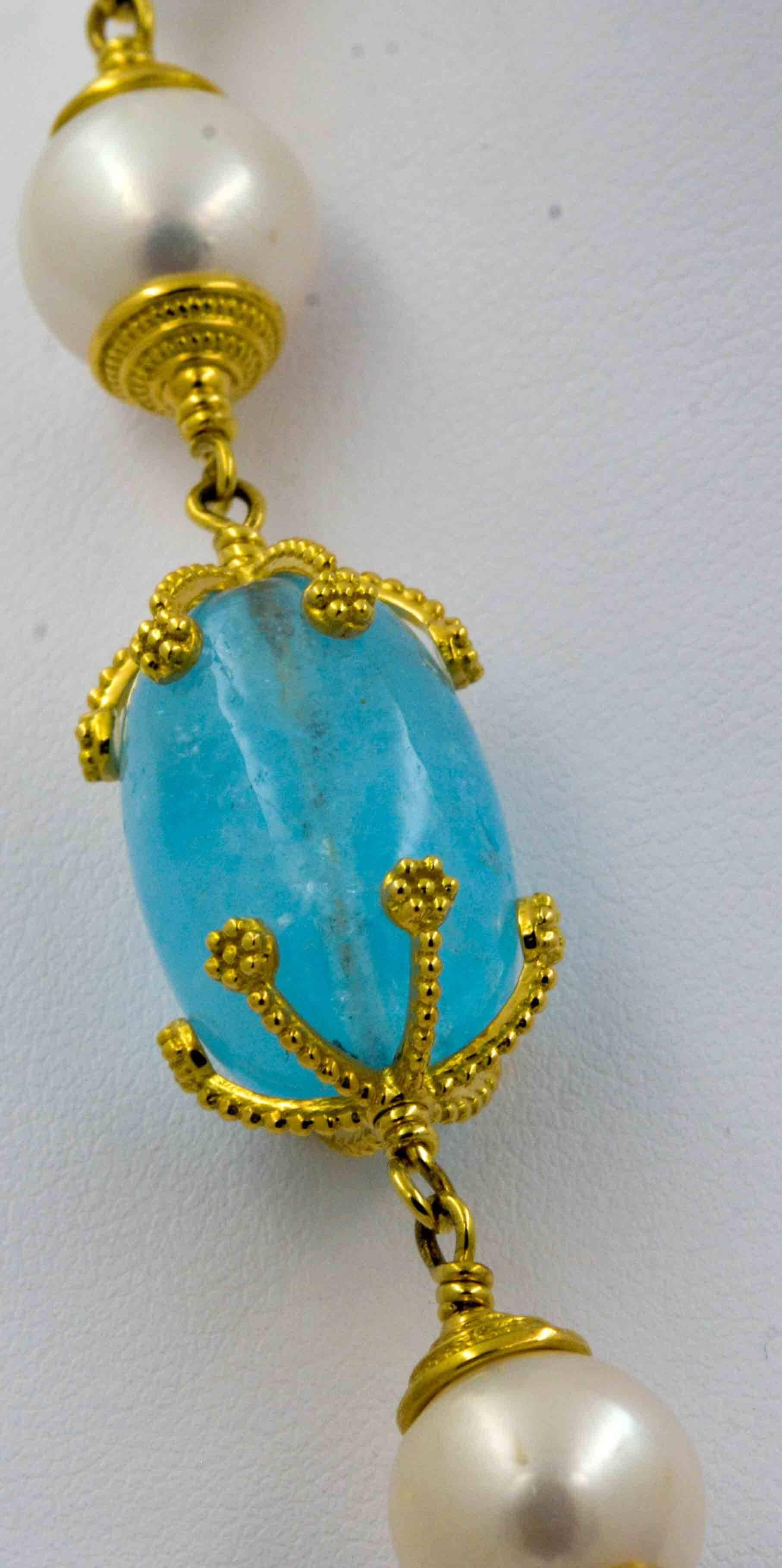 Seaman Schepps Aquamarine Chalcedony Blue Topaz Moon Stone Gold Necklace In New Condition In Dallas, TX
