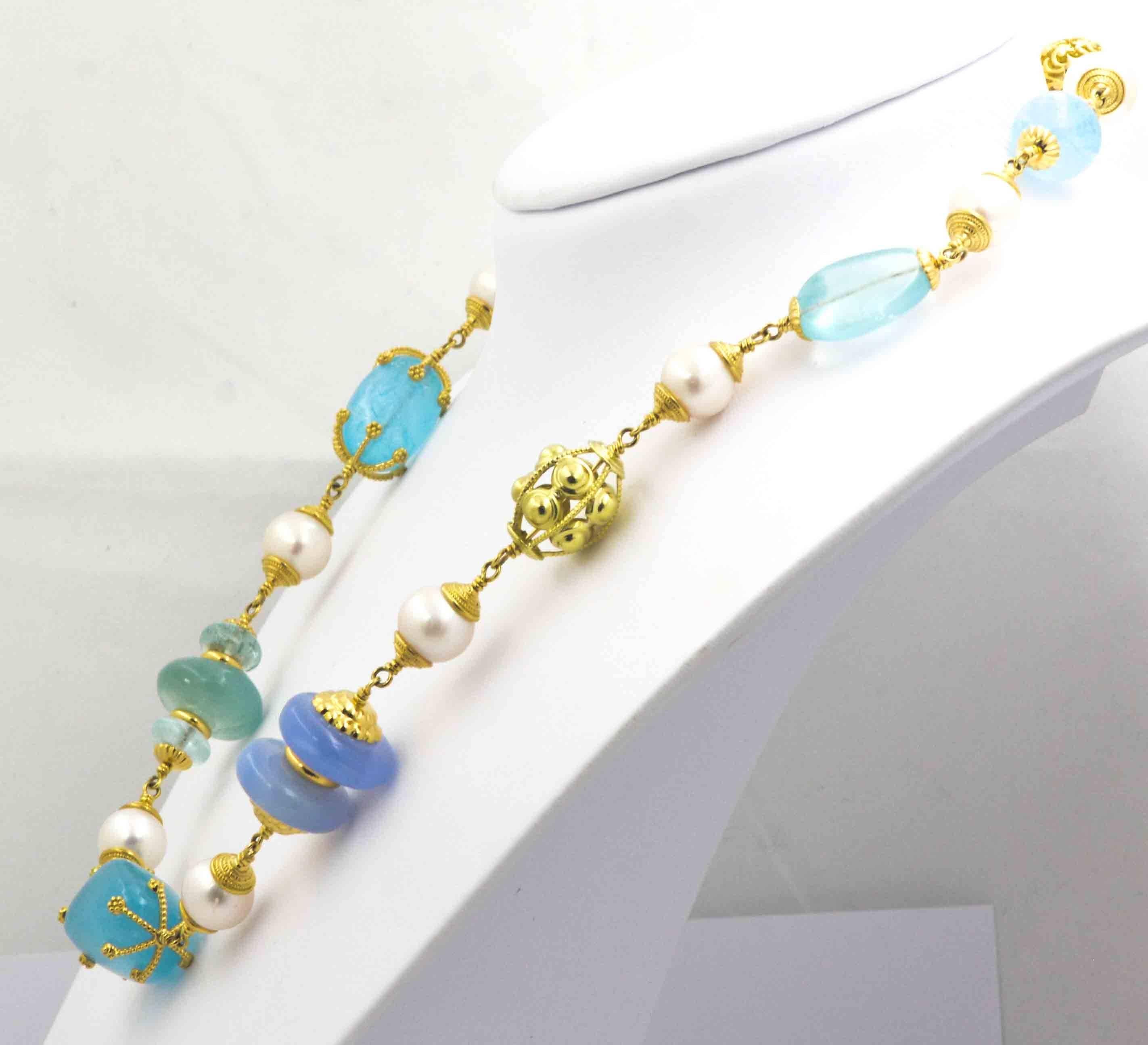 Women's Seaman Schepps Aquamarine Chalcedony Blue Topaz Moon Stone Gold Necklace