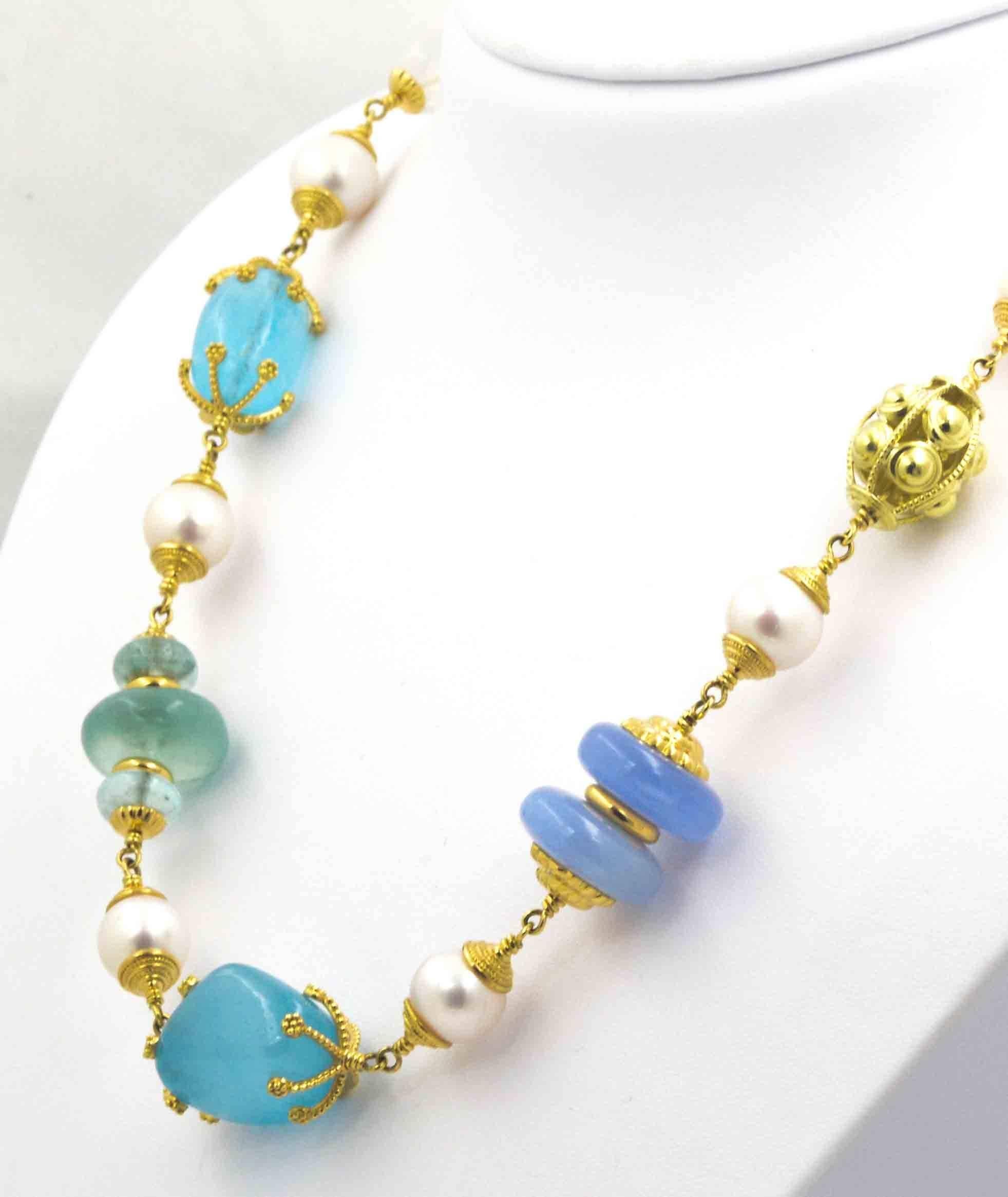 Seaman Schepps Aquamarine Chalcedony Blue Topaz Moon Stone Gold Necklace 2