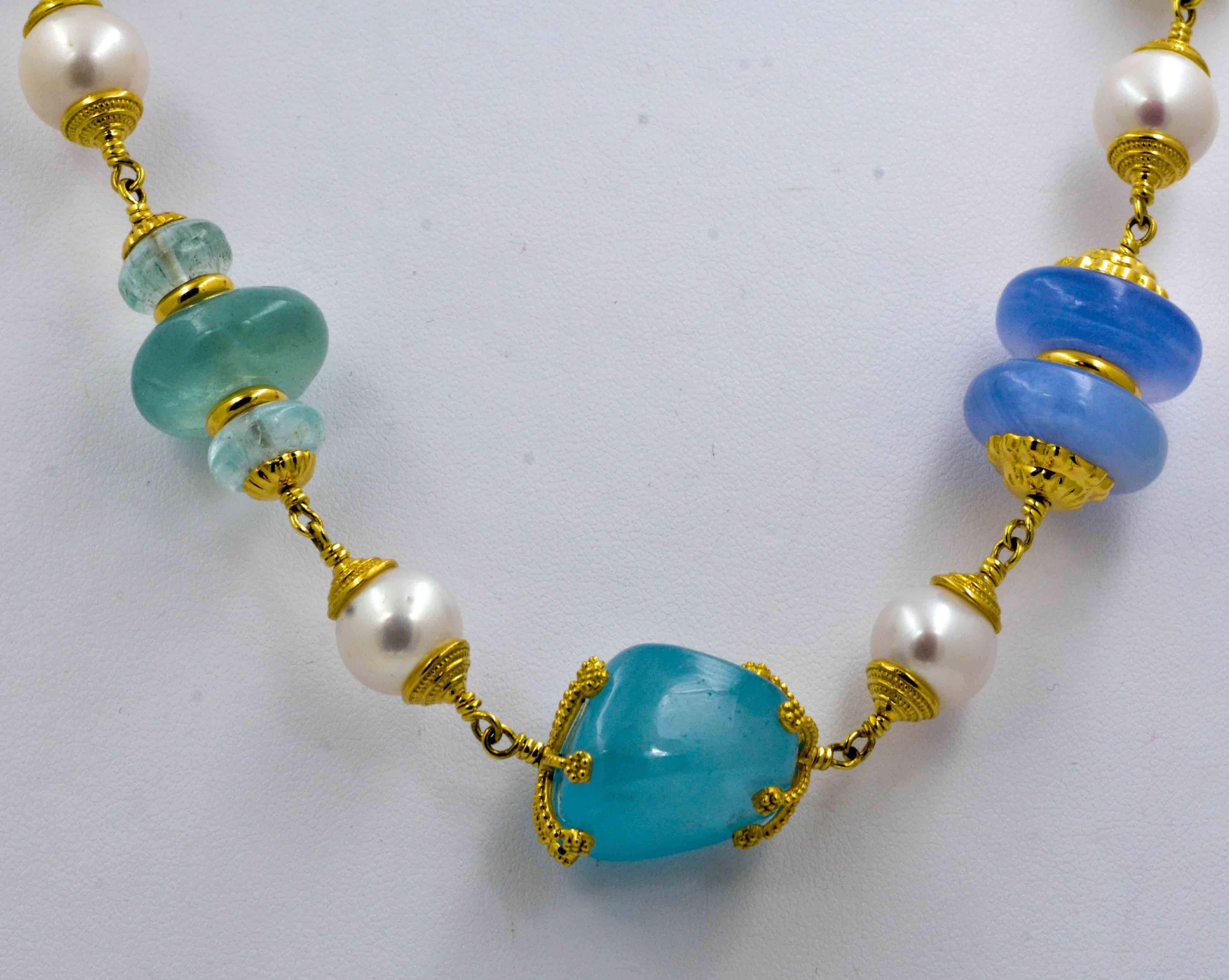 Seaman Schepps Aquamarine Chalcedony Blue Topaz Moon Stone Gold Necklace 4