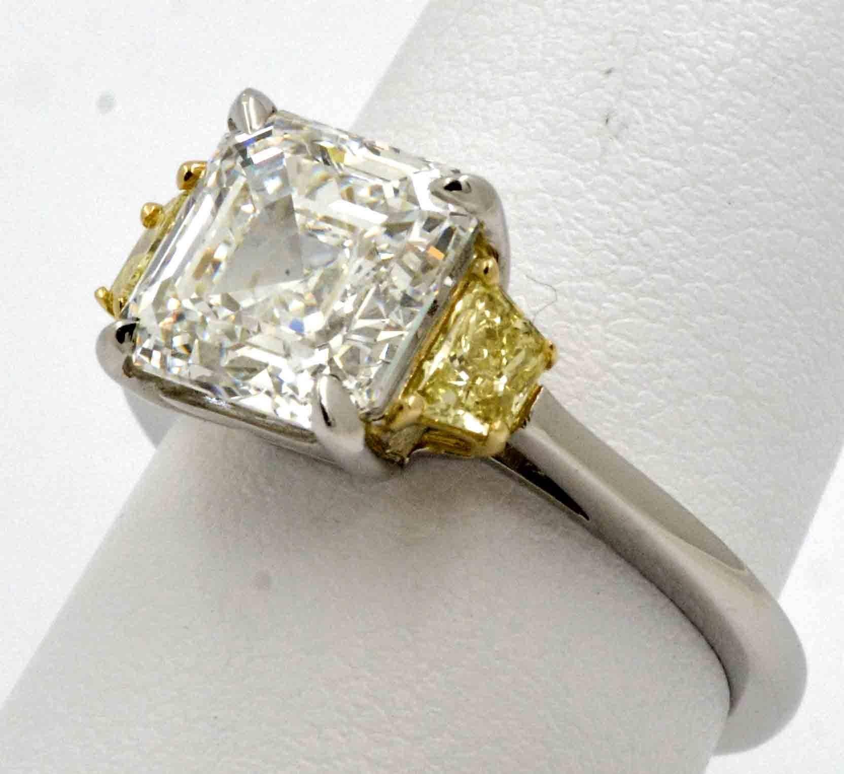 Emerald Cut Platinum White and Yellow Diamond Engagement Ring