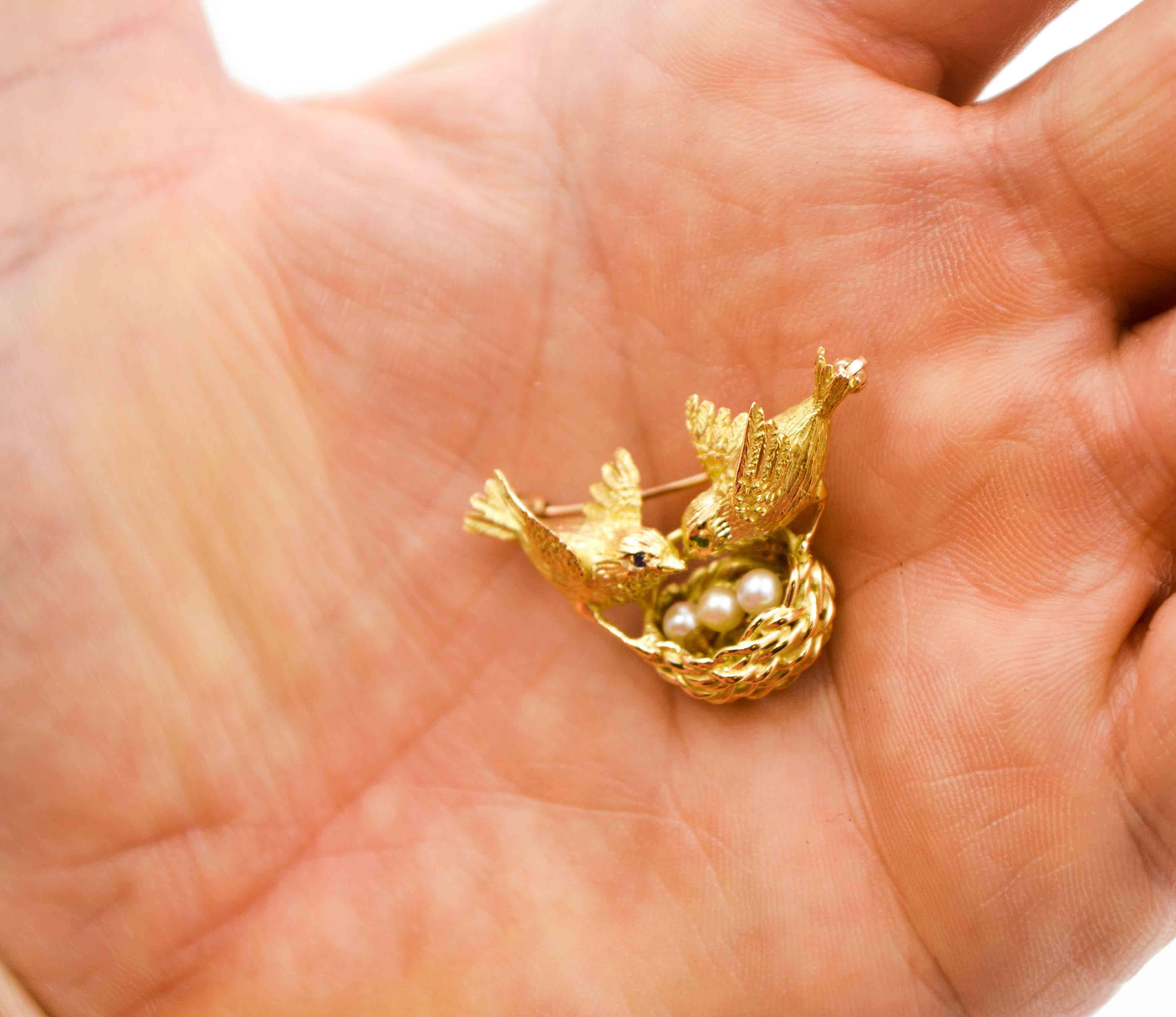 Pearl Emerald Gold Bird's Nest Brooch with Birds 3