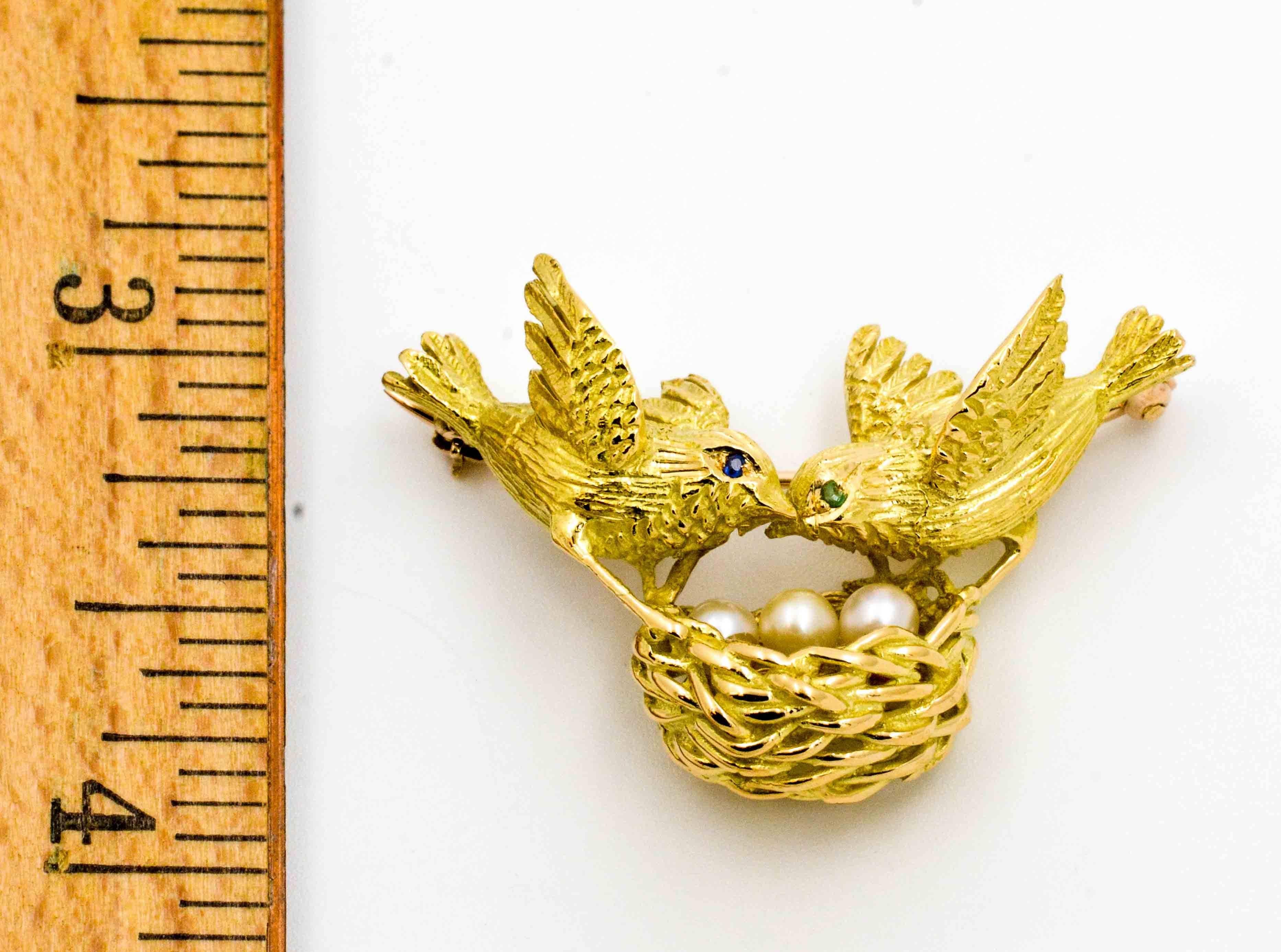 Modern Pearl Emerald Gold Bird's Nest Brooch with Birds