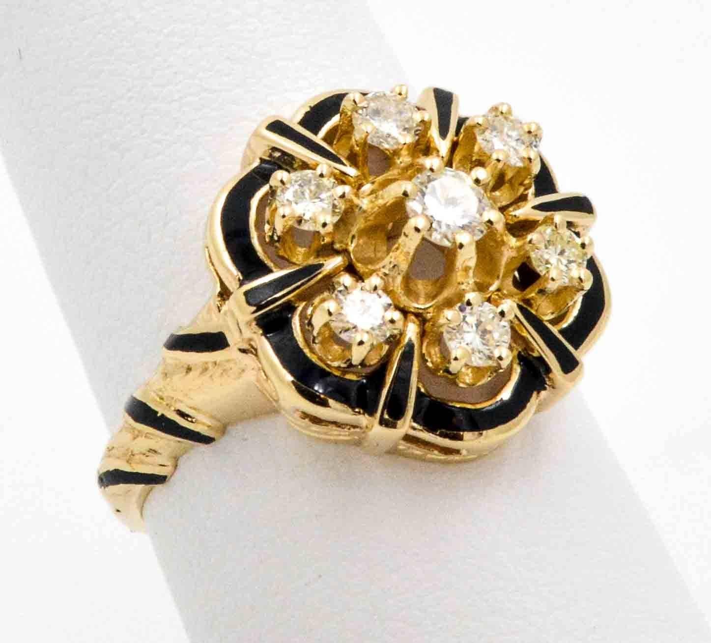 Modern Diamond and Enamel 14 Karat Yellow Gold Ring