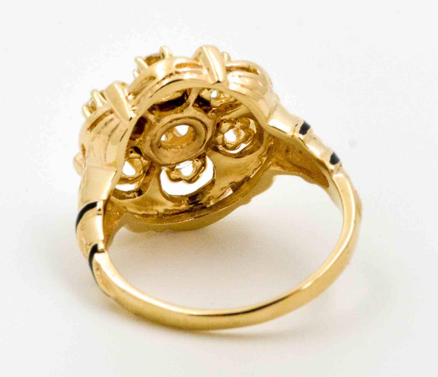 Women's or Men's Diamond and Enamel 14 Karat Yellow Gold Ring