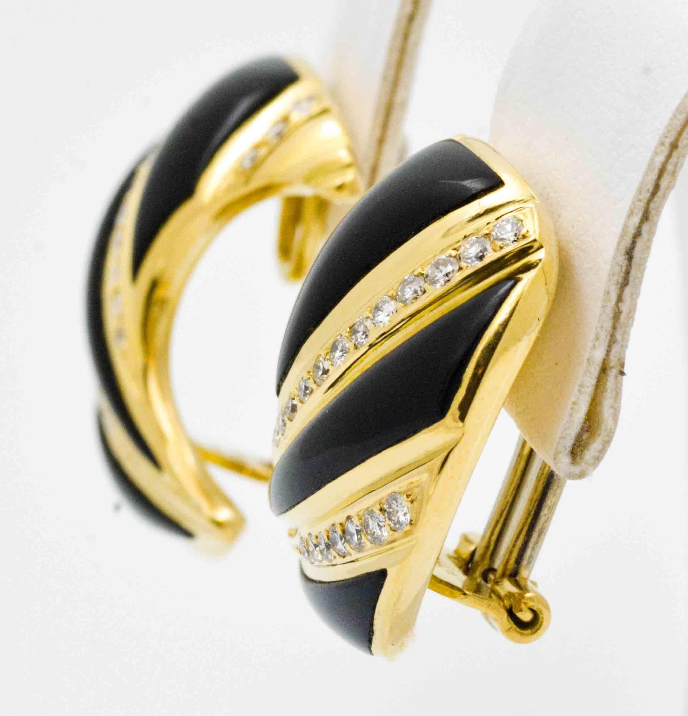 Women's or Men's Black Onyx Diamond and Yellow Gold Clip Earrings