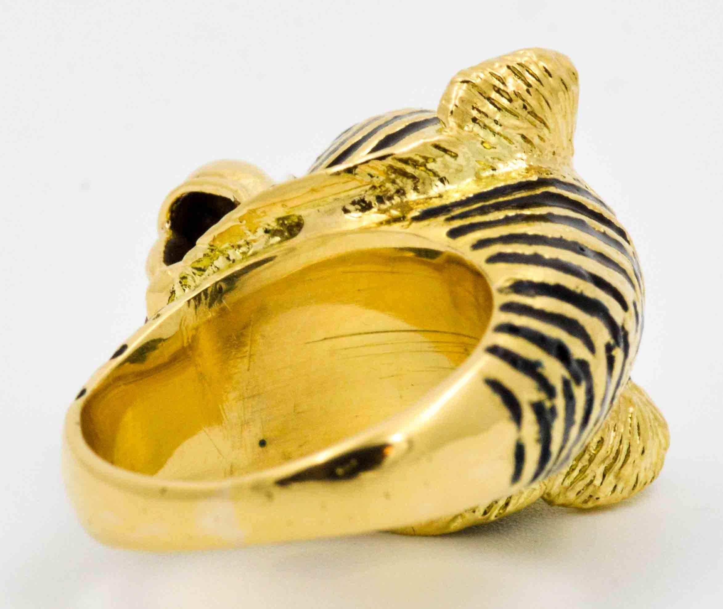 Modern 18 Karat Yellow Gold and Enamel Tiger Head Ring