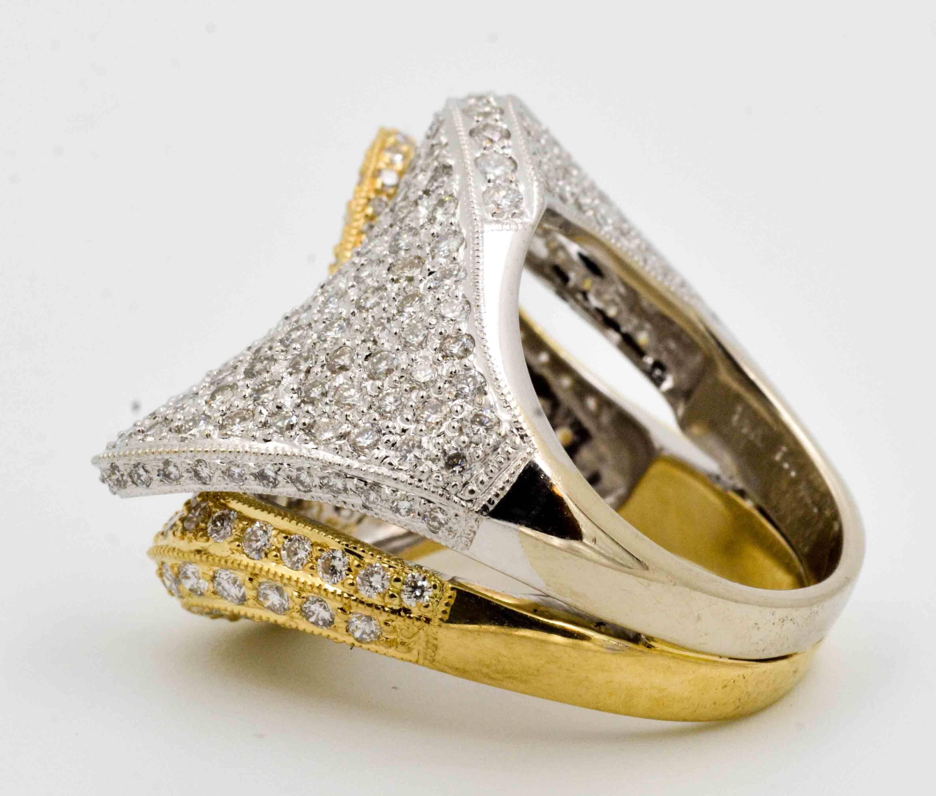 Modern 18 Karat Yellow and White Gold Diamond Bypass Ring