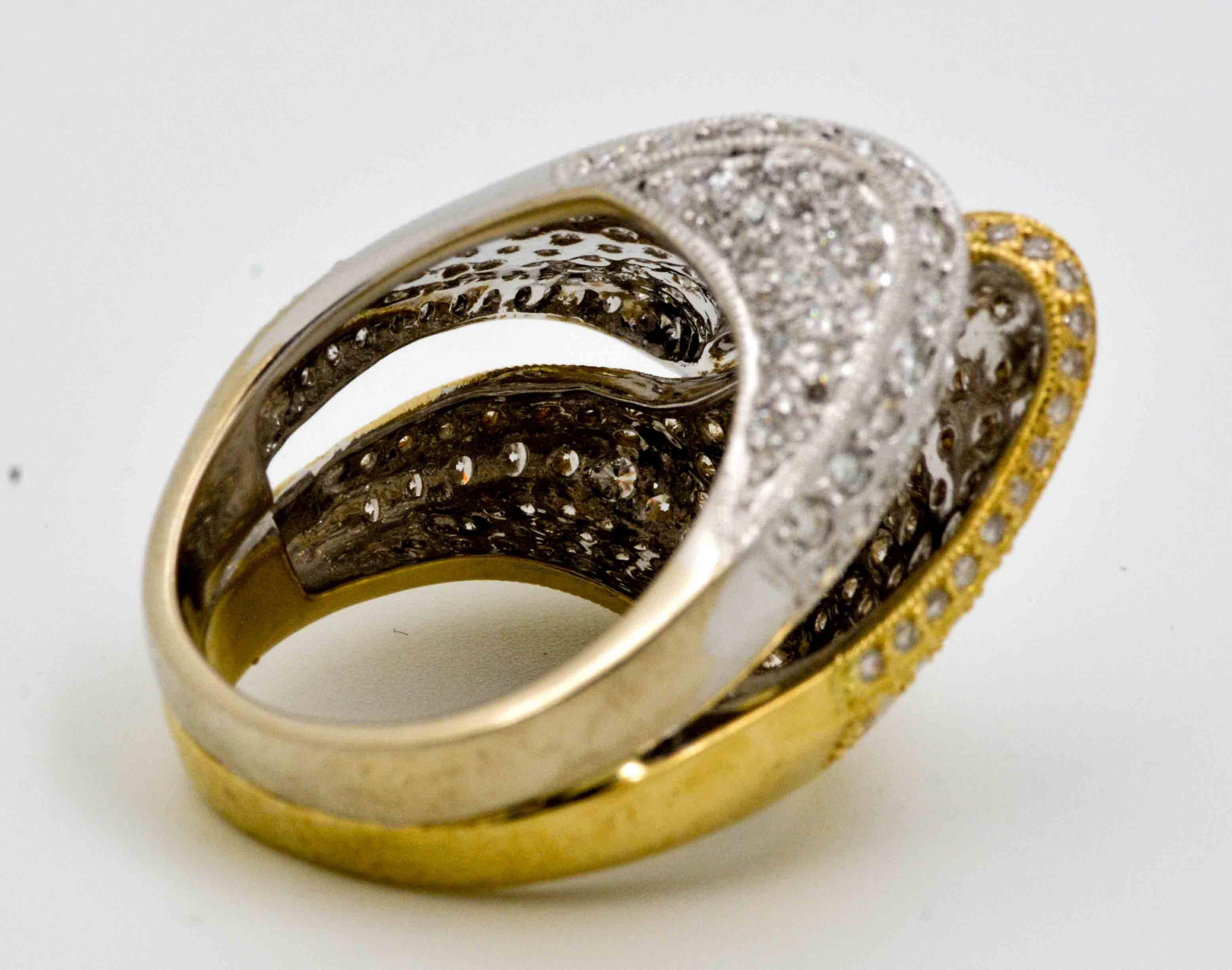 Women's or Men's 18 Karat Yellow and White Gold Diamond Bypass Ring