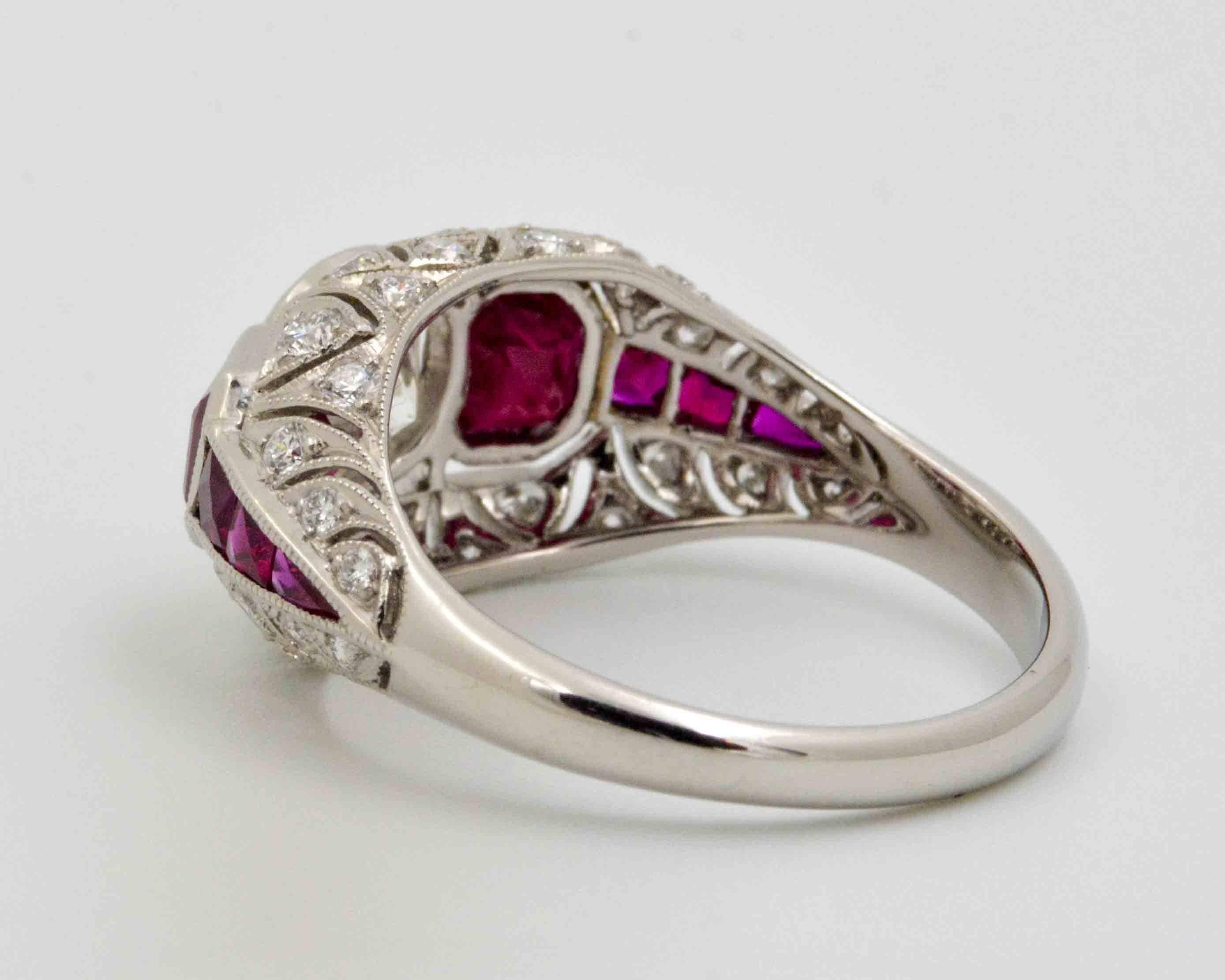 Brilliant Cut Art Deco Style Platinum Diamond and Ruby Engagement Ring