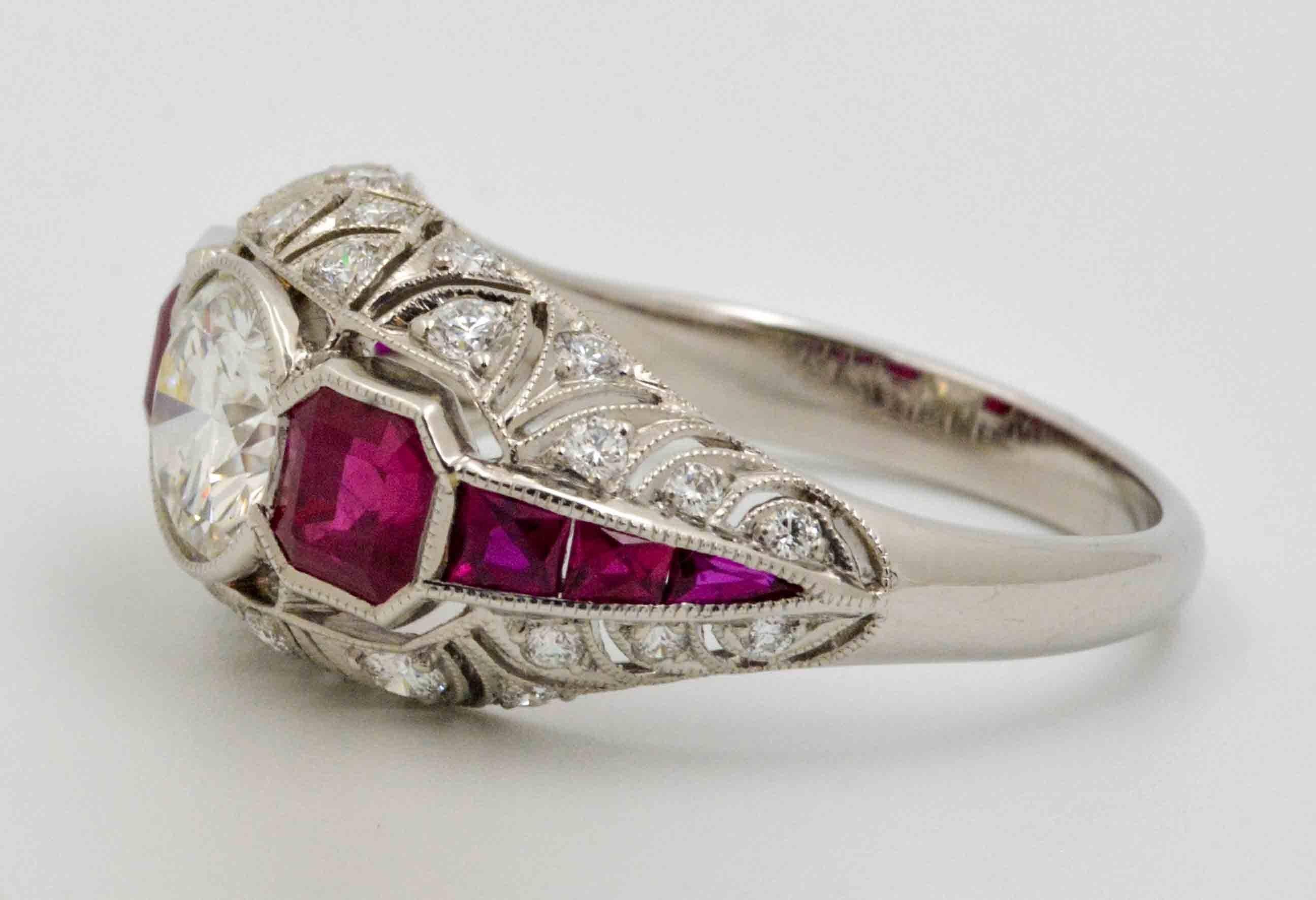 Art Deco Style Platinum Diamond and Ruby Engagement Ring In New Condition In Dallas, TX