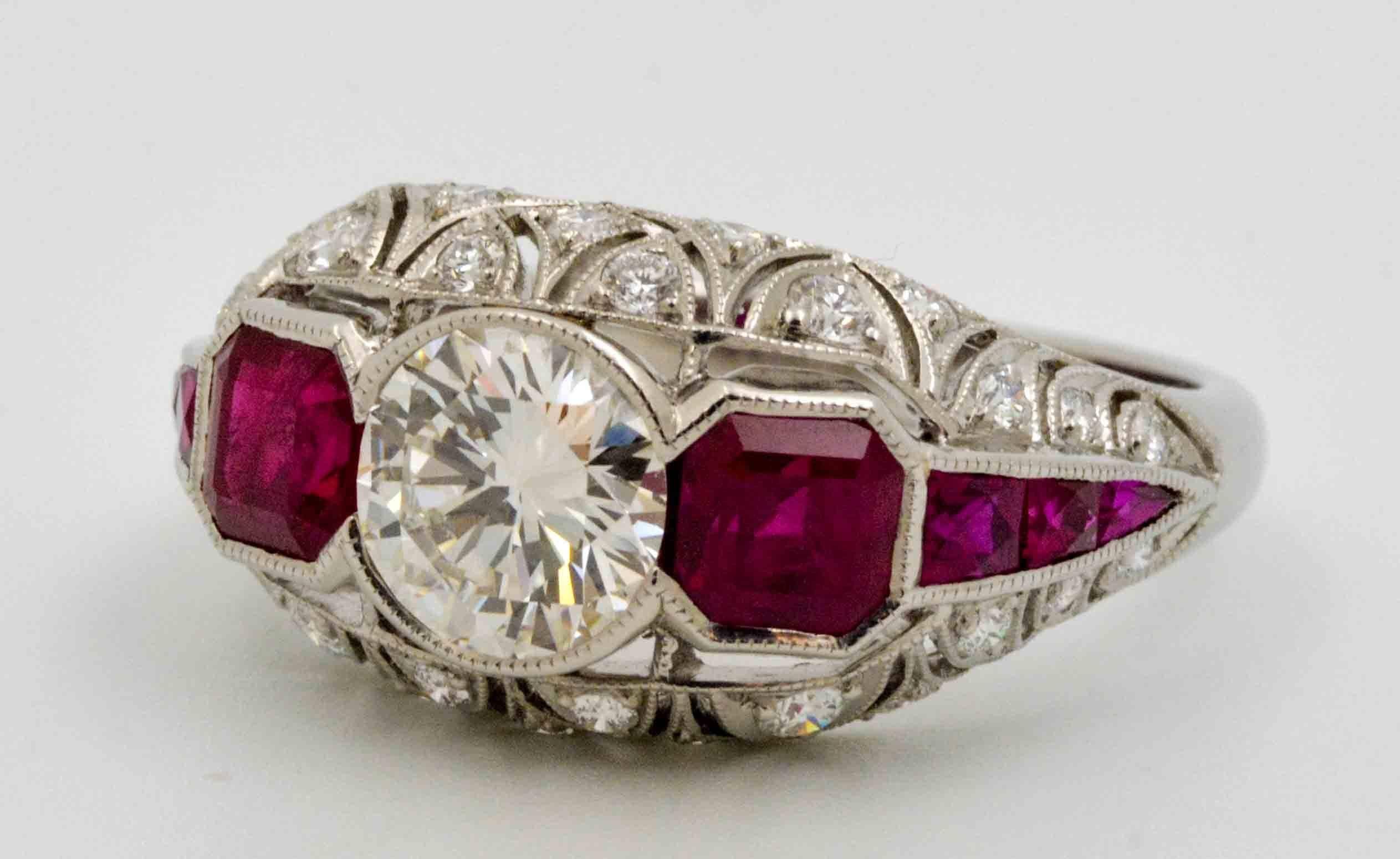 Art Deco Style Platinum Diamond and Ruby Engagement Ring 1