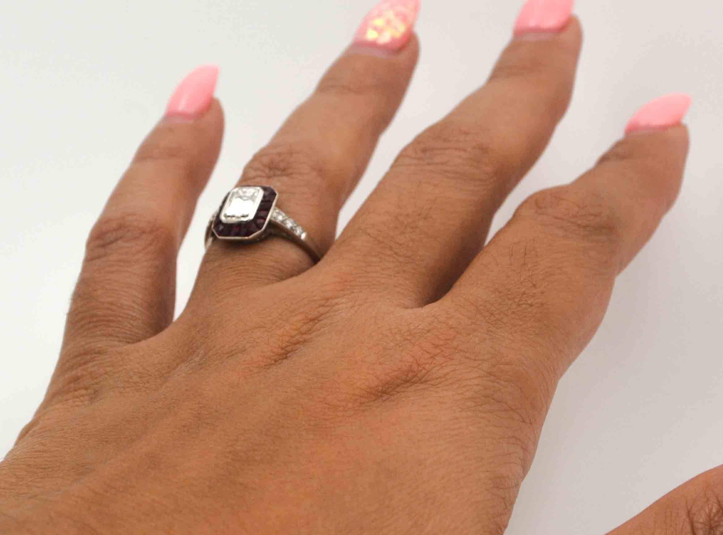 Women's  0.72 Carat Emerald Cut Diamond Ruby Halo Platinum Engagement Ring