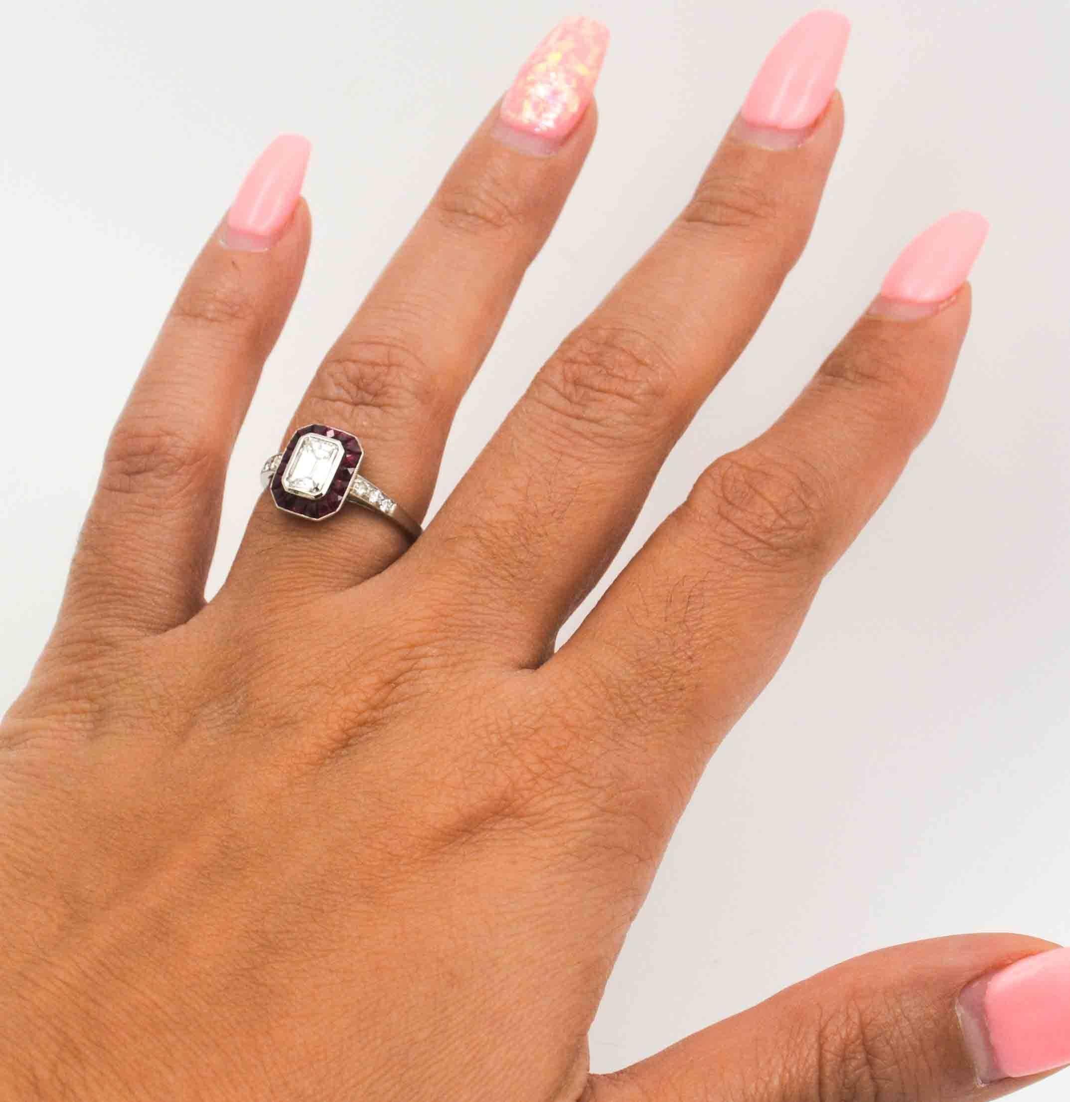  0.72 Carat Emerald Cut Diamond Ruby Halo Platinum Engagement Ring 1