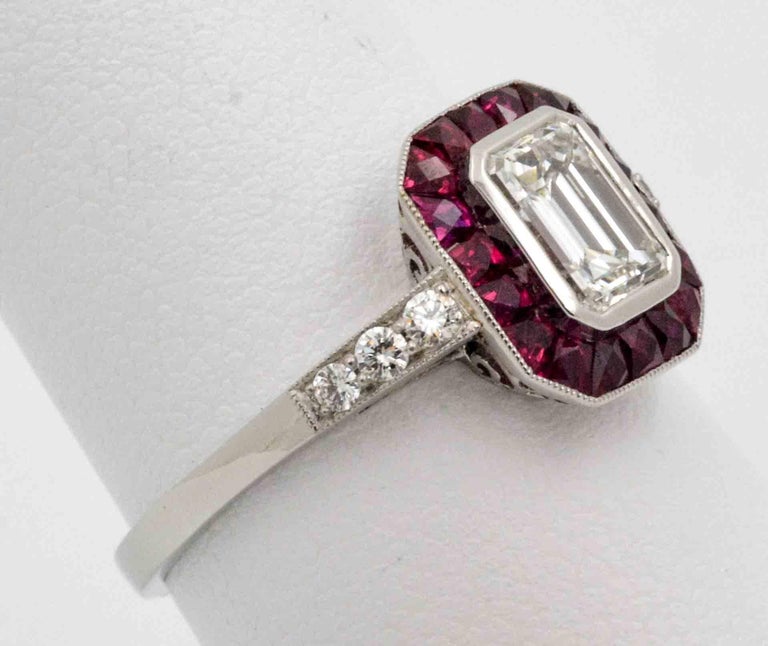 0.72 Carat Emerald Cut Diamond Ruby Halo Platinum Engagement Ring at ...
