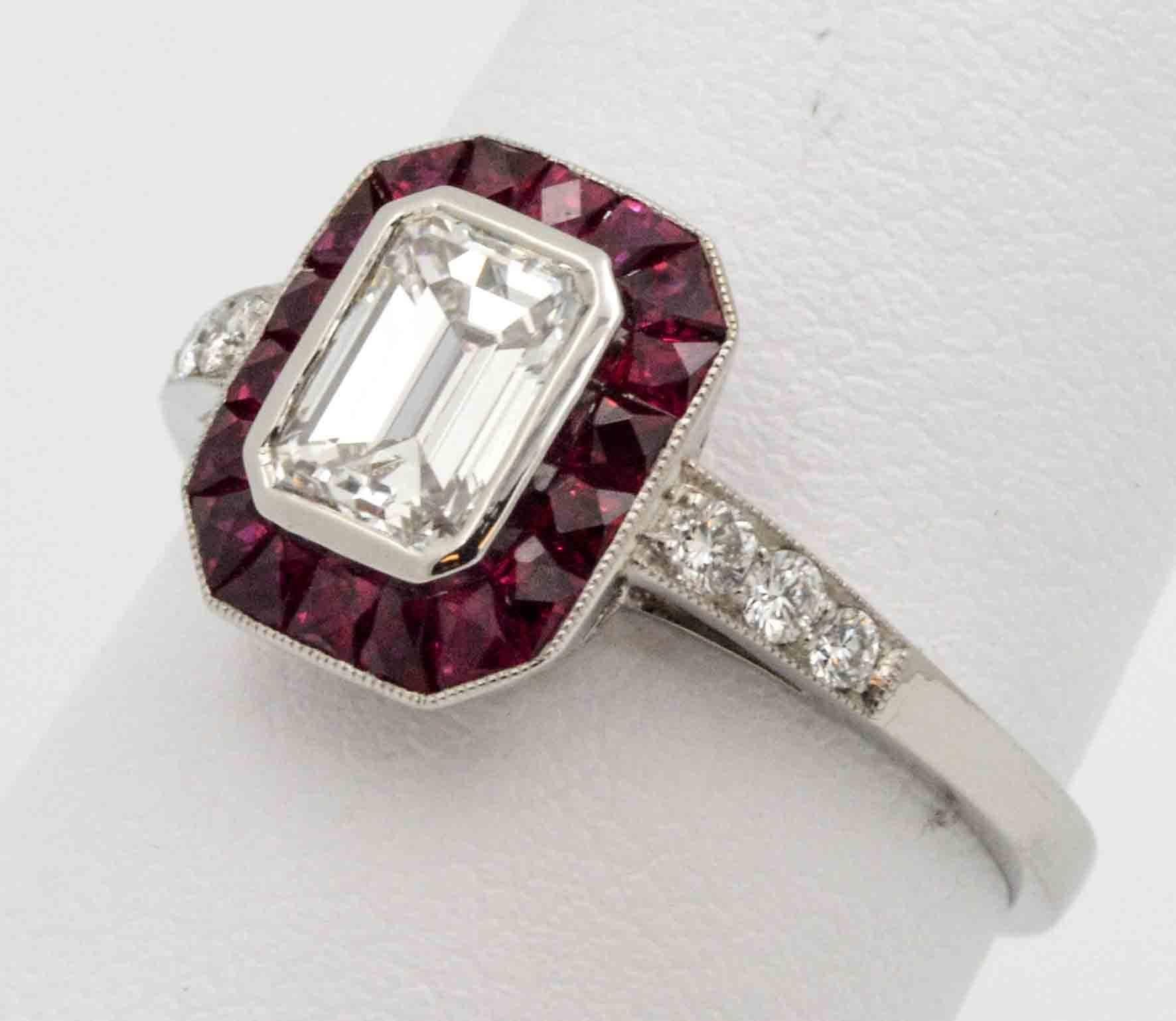 Art Deco  0.72 Carat Emerald Cut Diamond Ruby Halo Platinum Engagement Ring