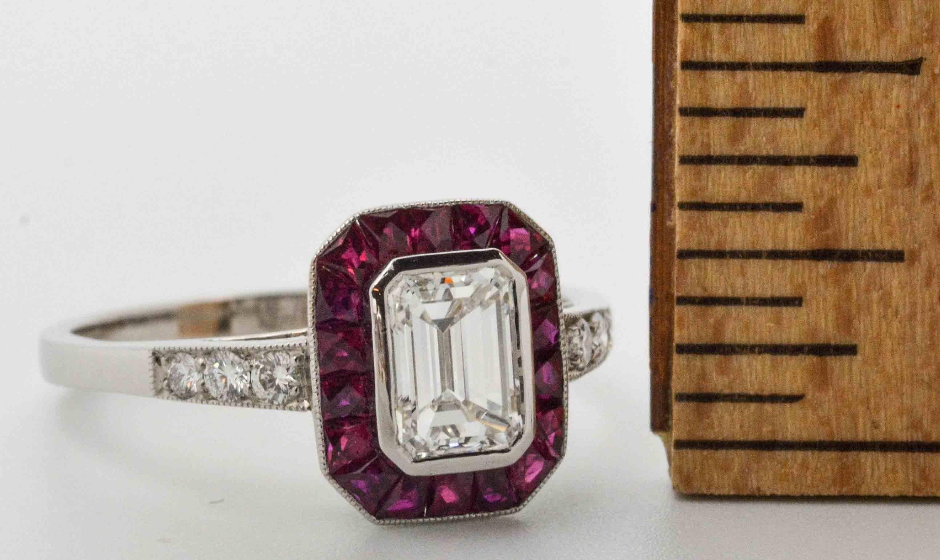  0.72 Carat Emerald Cut Diamond Ruby Halo Platinum Engagement Ring In New Condition In Dallas, TX
