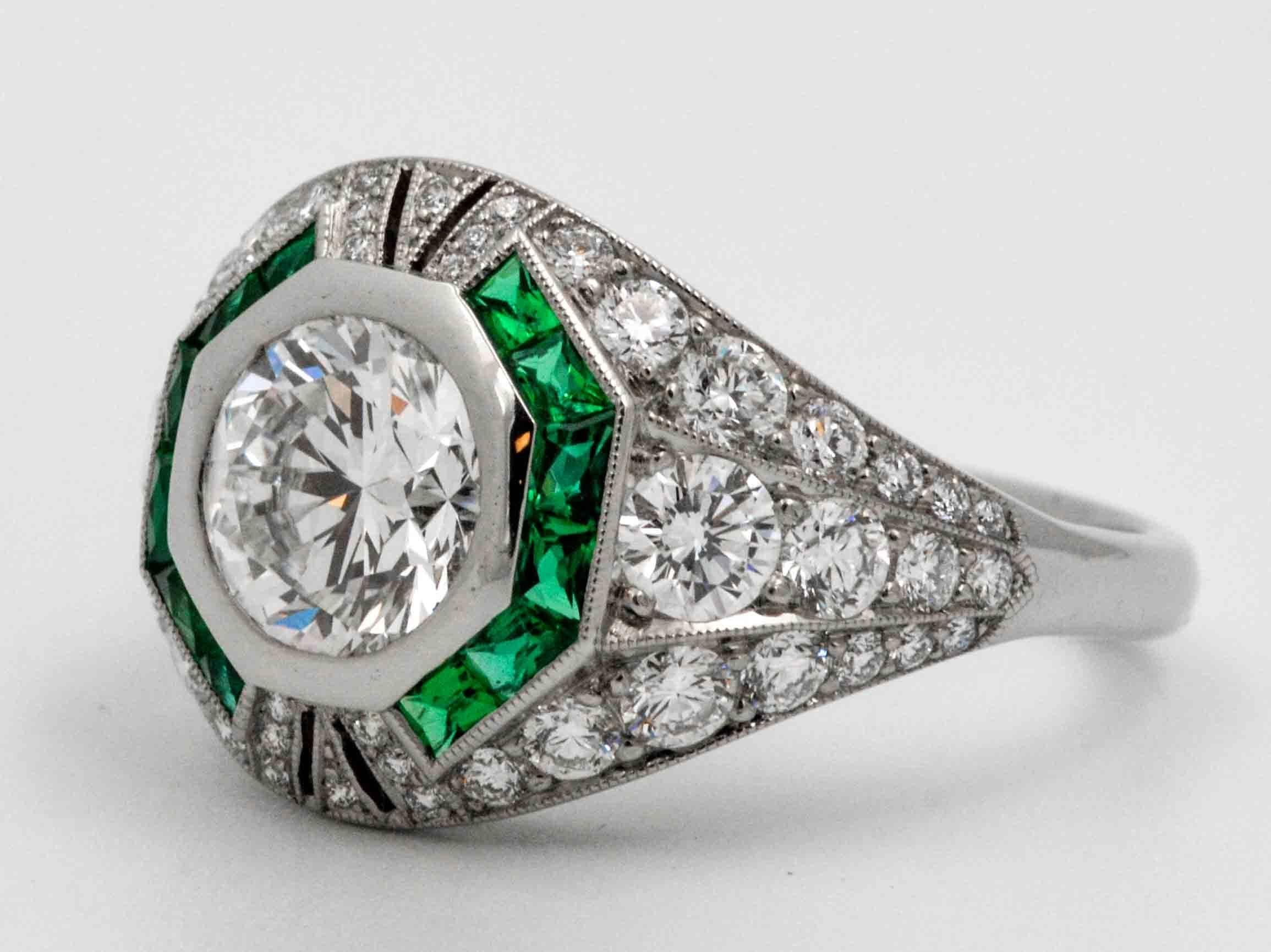 Art Deco 1.58 Carat Round Diamond Emerald Halo Engagement Platinum Ring