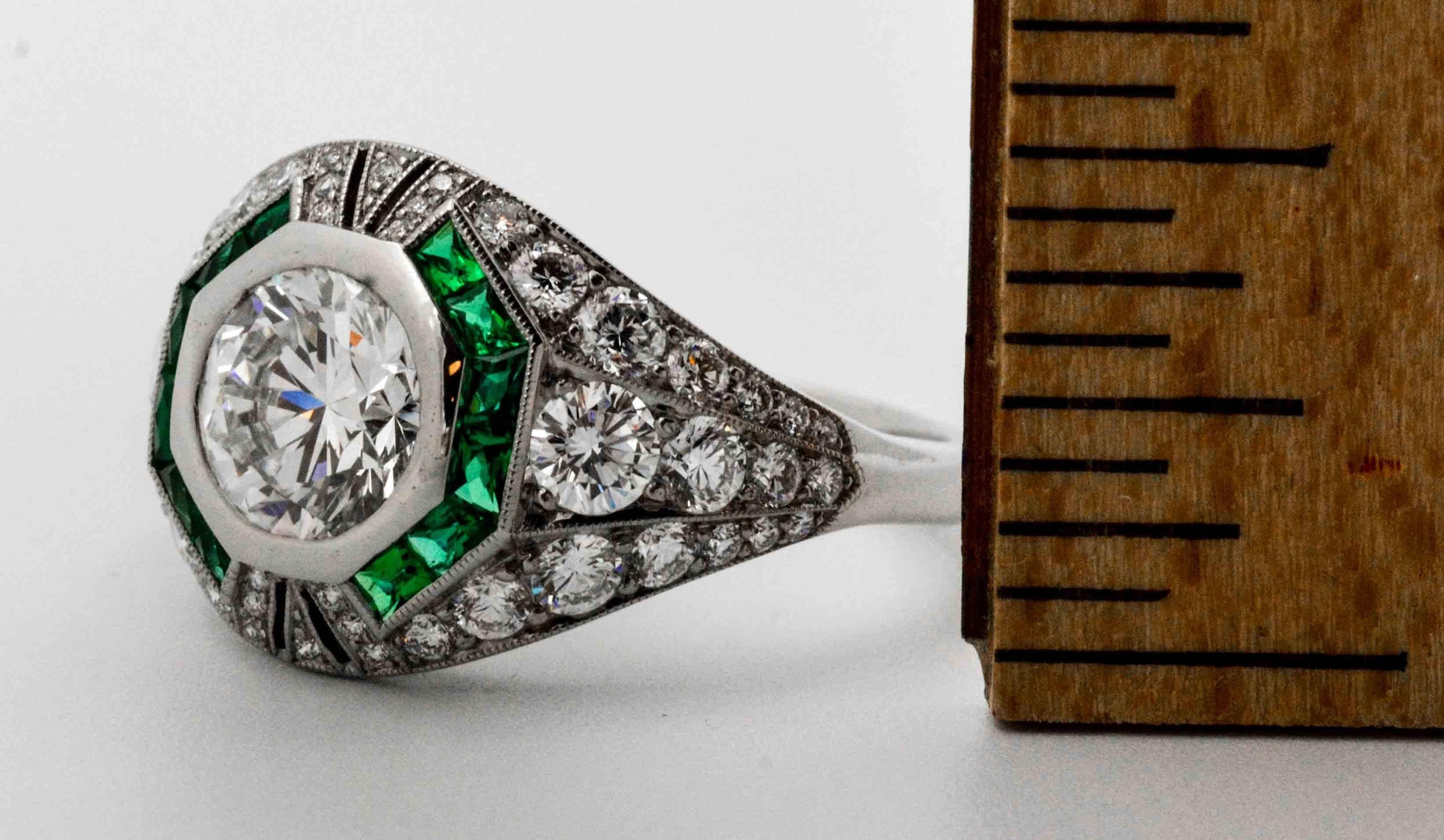 Women's 1.58 Carat Round Diamond Emerald Halo Engagement Platinum Ring